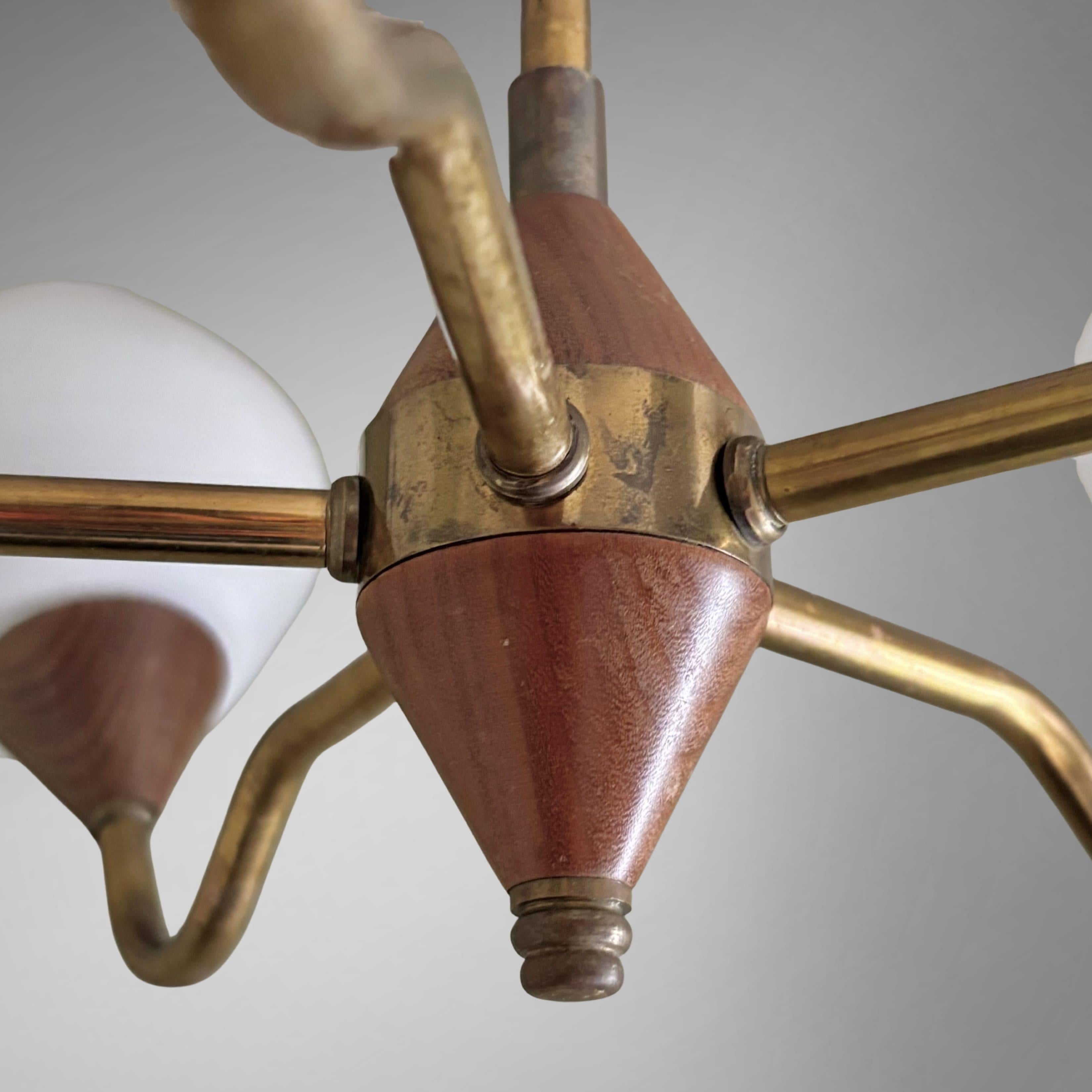 Scandinavian mid century chandelier in teak, brass & glass, Sweden, 1950s For Sale 2
