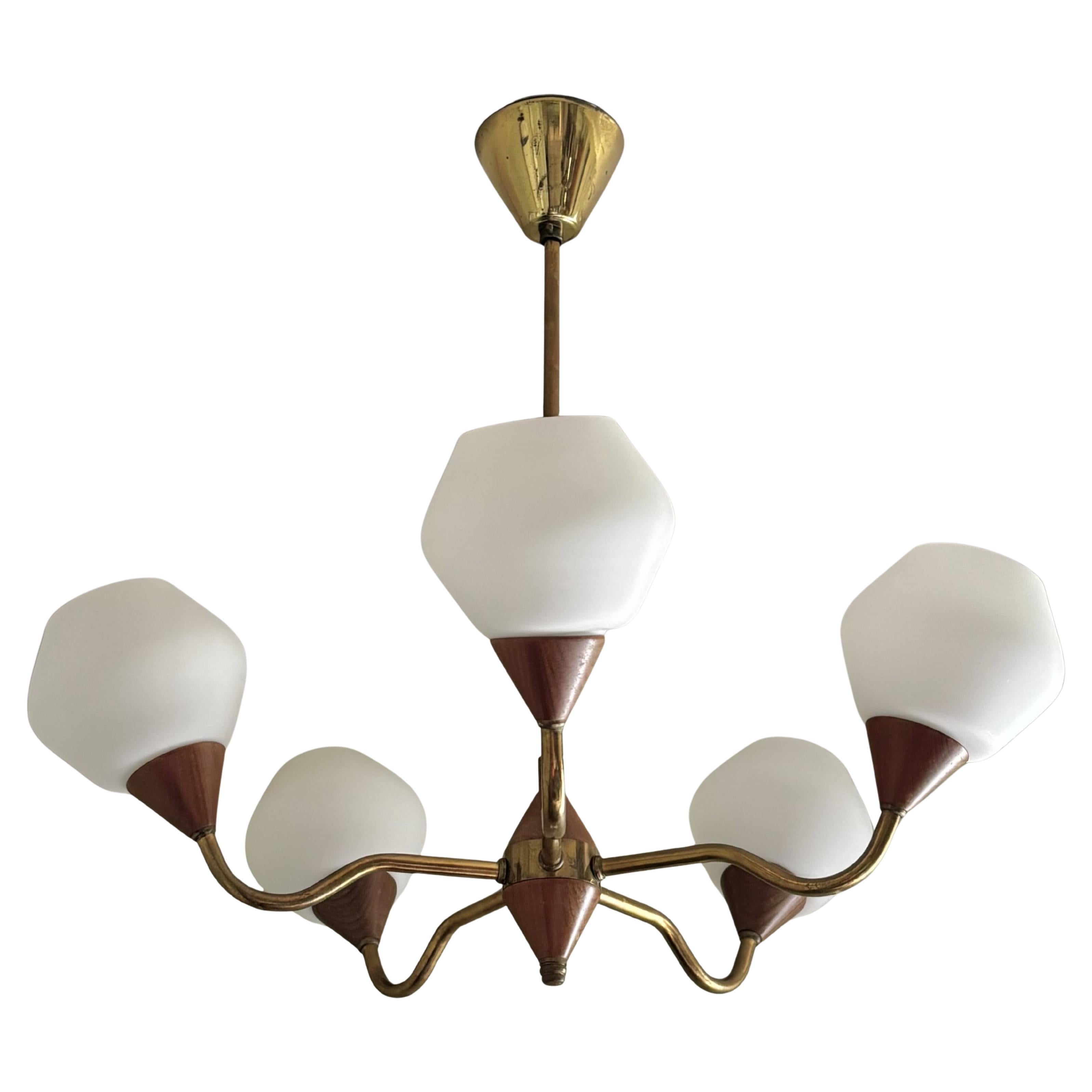 Scandinavian mid century chandelier in teak, brass & glass, Sweden, 1950s