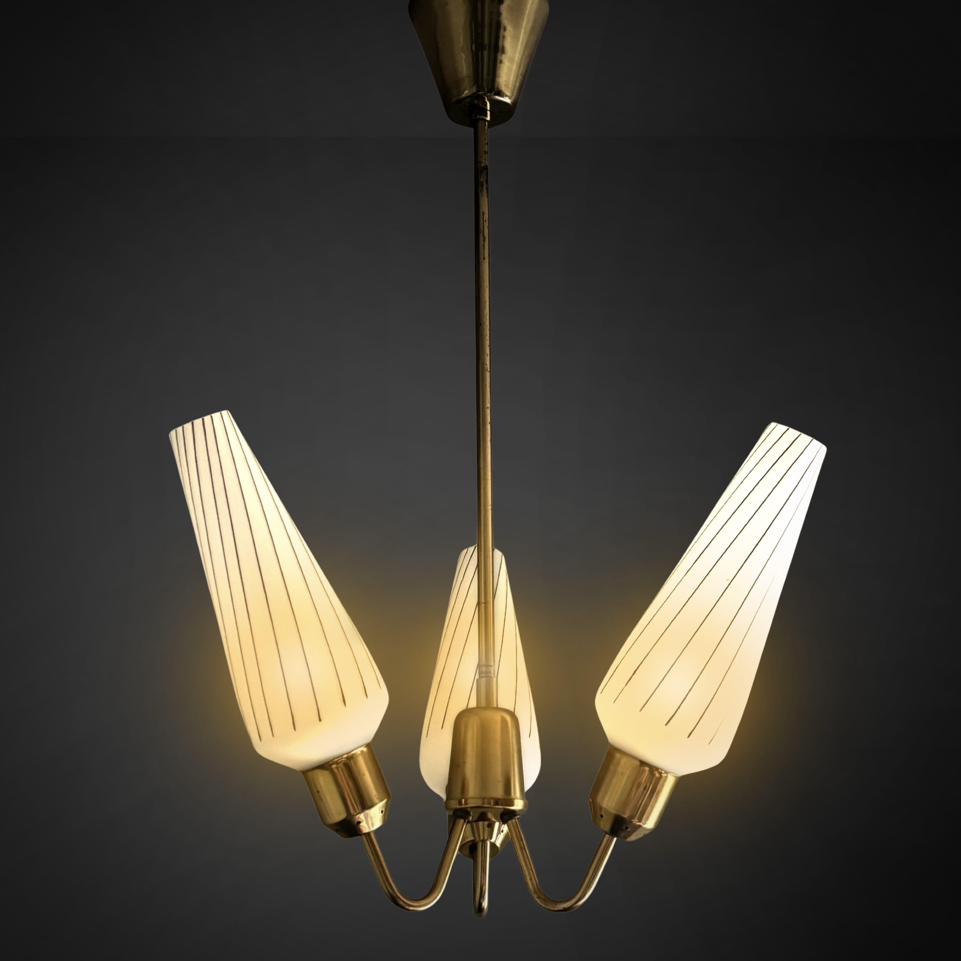 Scandinavian Modern Scandinavian mid century chandelier pendant lamp, brass & glass, Sweden, 1950s For Sale