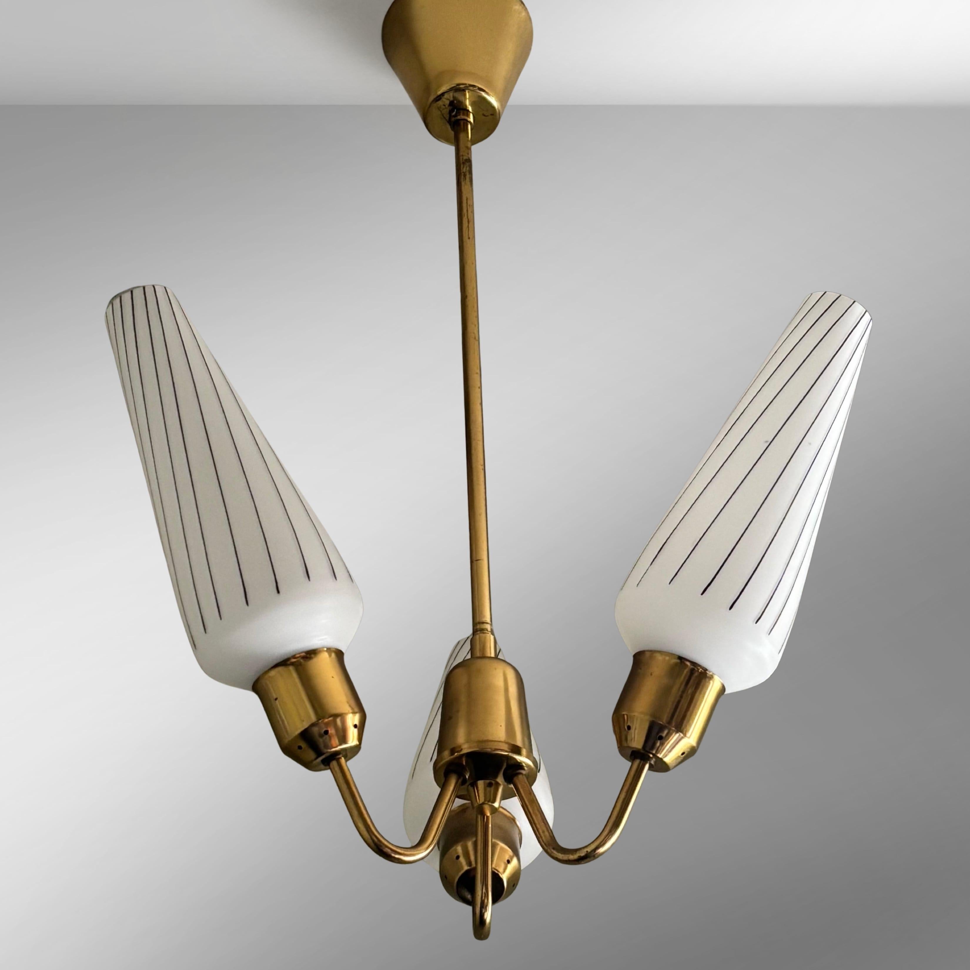 Swedish Scandinavian mid century chandelier pendant lamp, brass & glass, Sweden, 1950s For Sale