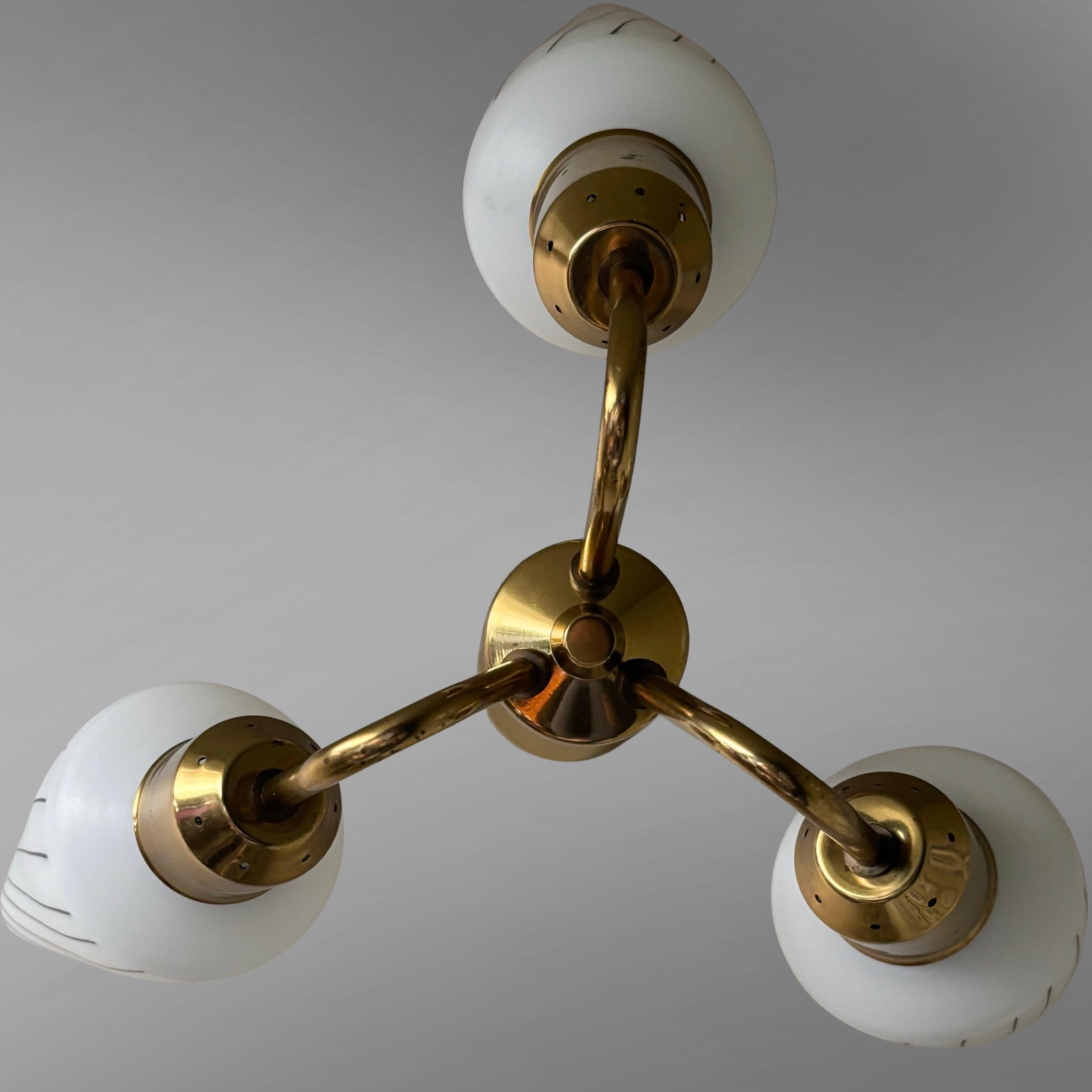 Mid-20th Century Scandinavian mid century chandelier pendant lamp, brass & glass, Sweden, 1950s For Sale