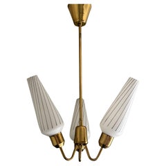 Scandinavian mid century chandelier pendant lamp, brass & glass, Sweden, 1950s