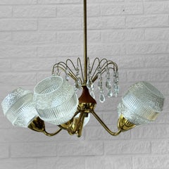 Scandinavian mid century chandelier, teak, brass & crystal, Sweden, 1950s