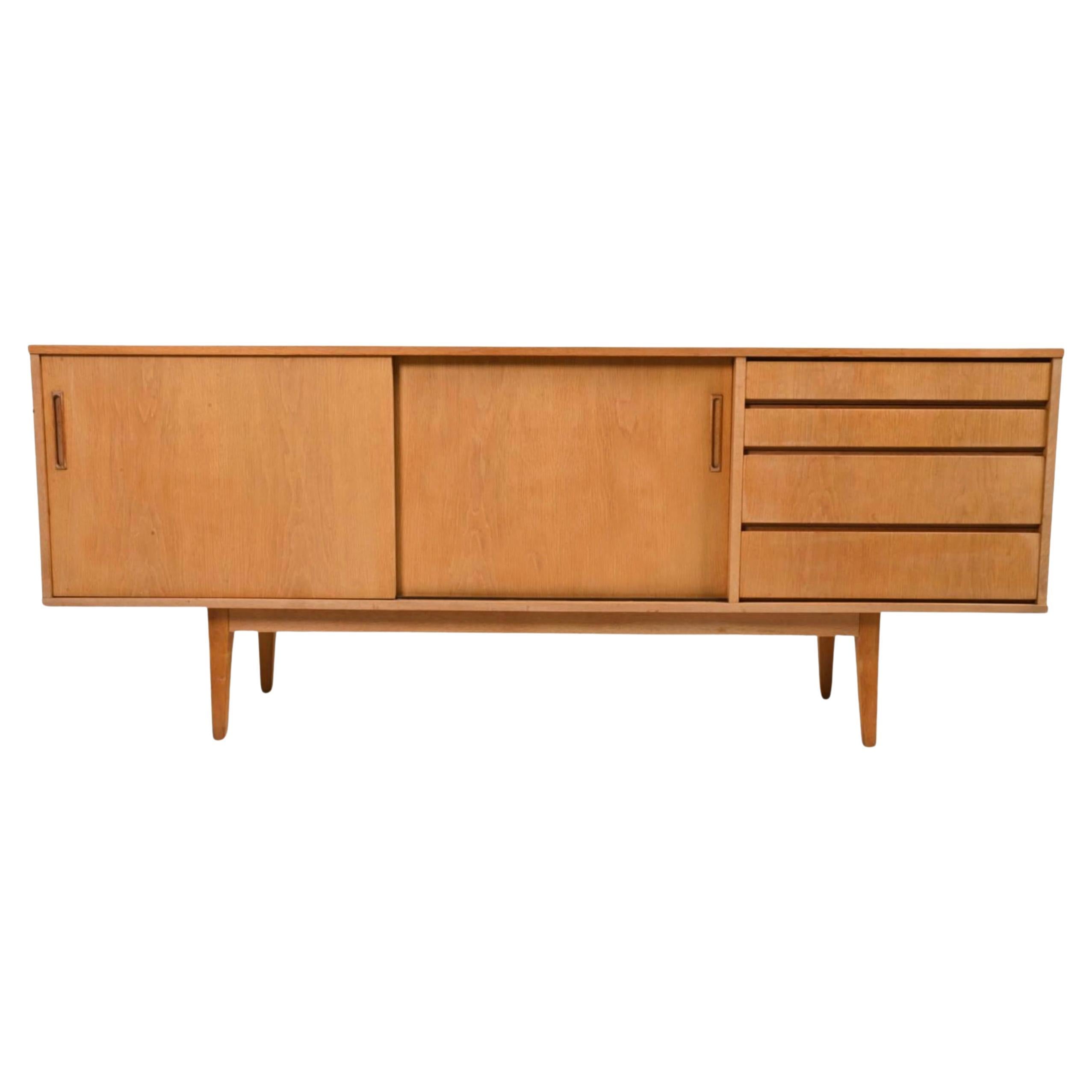 Scandinavian Mid Century Danish Modern light oak 4 drawer 2 door credenza