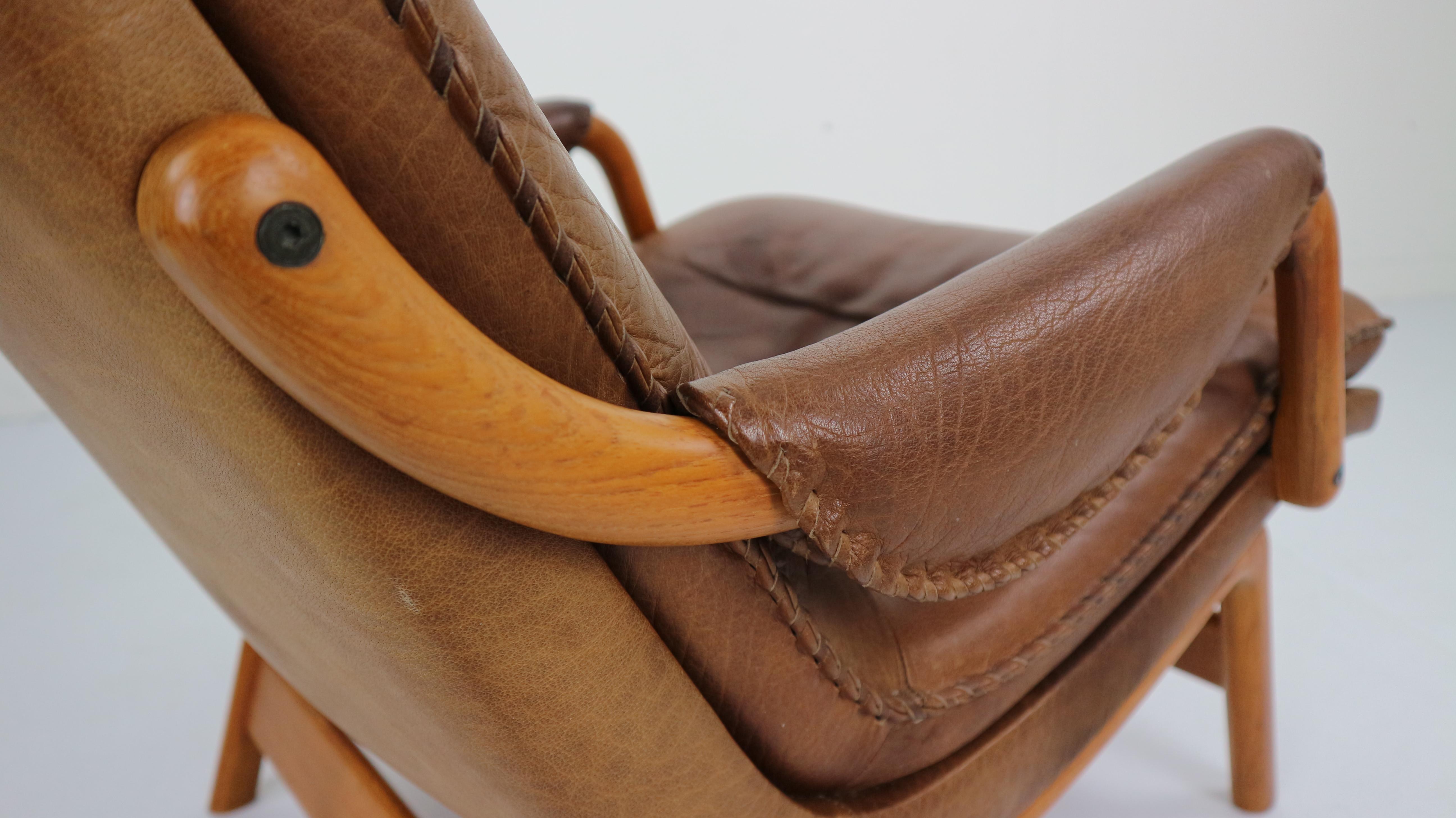 Scandinavian Midcentury Design Brown Leather Lounge Chair, 1960s 10