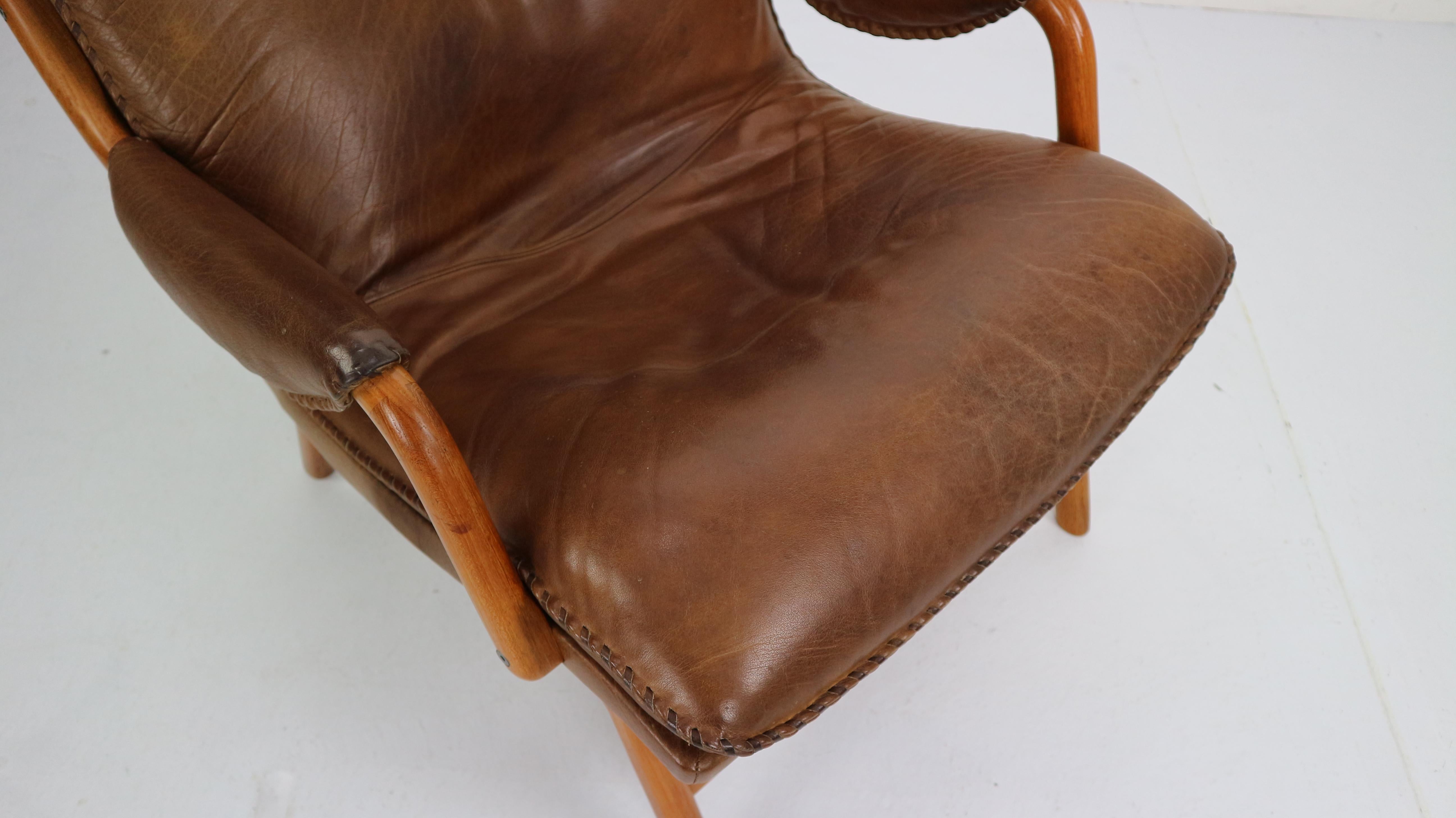 Scandinavian Midcentury Design Brown Leather Lounge Chair, 1960s 13