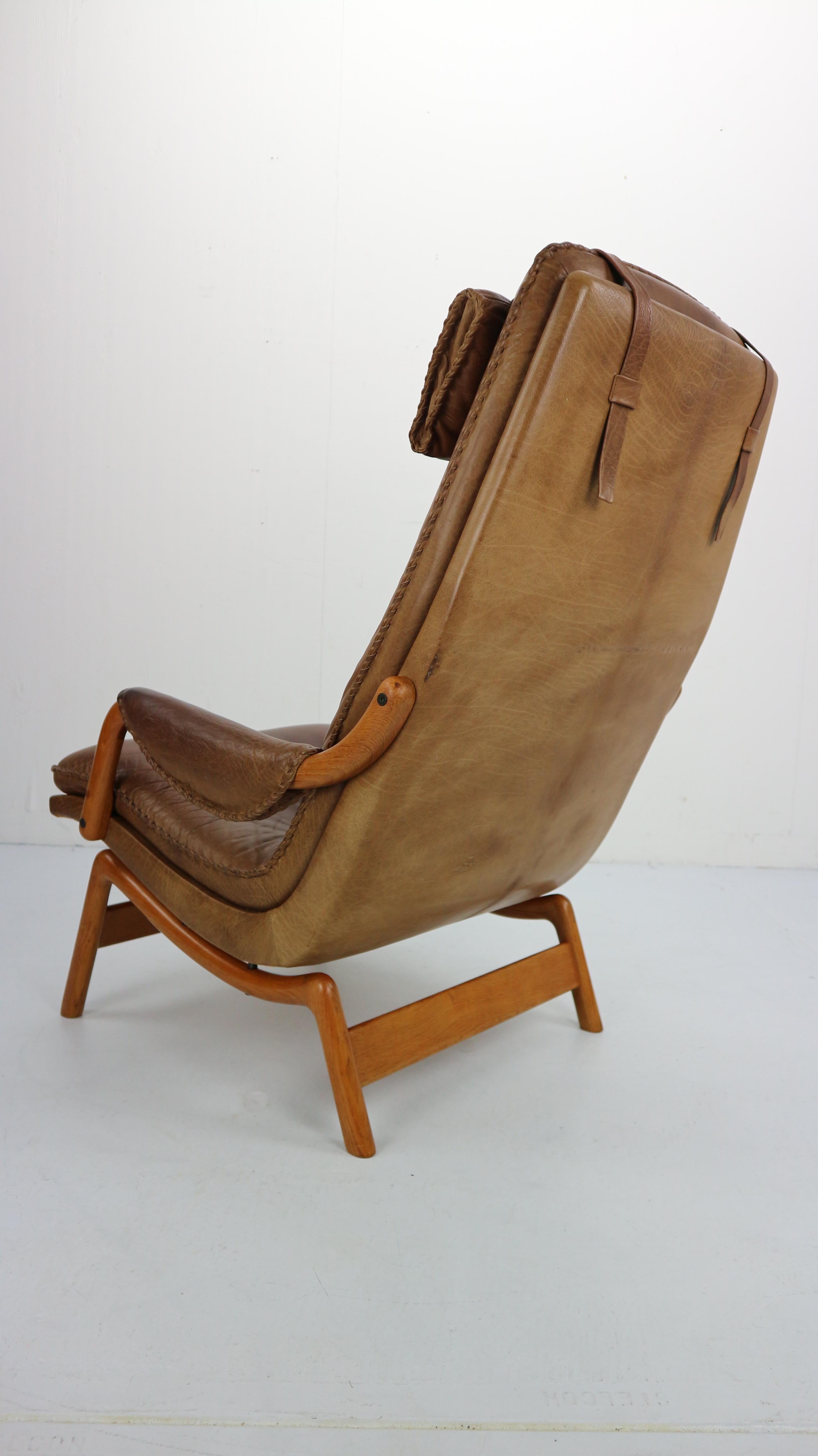 Scandinavian Midcentury Design Brown Leather Lounge Chair, 1960s 1