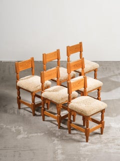 Scandinavian Mid-Century Dining Chairs in Pine and Sheepskin, Set of 6