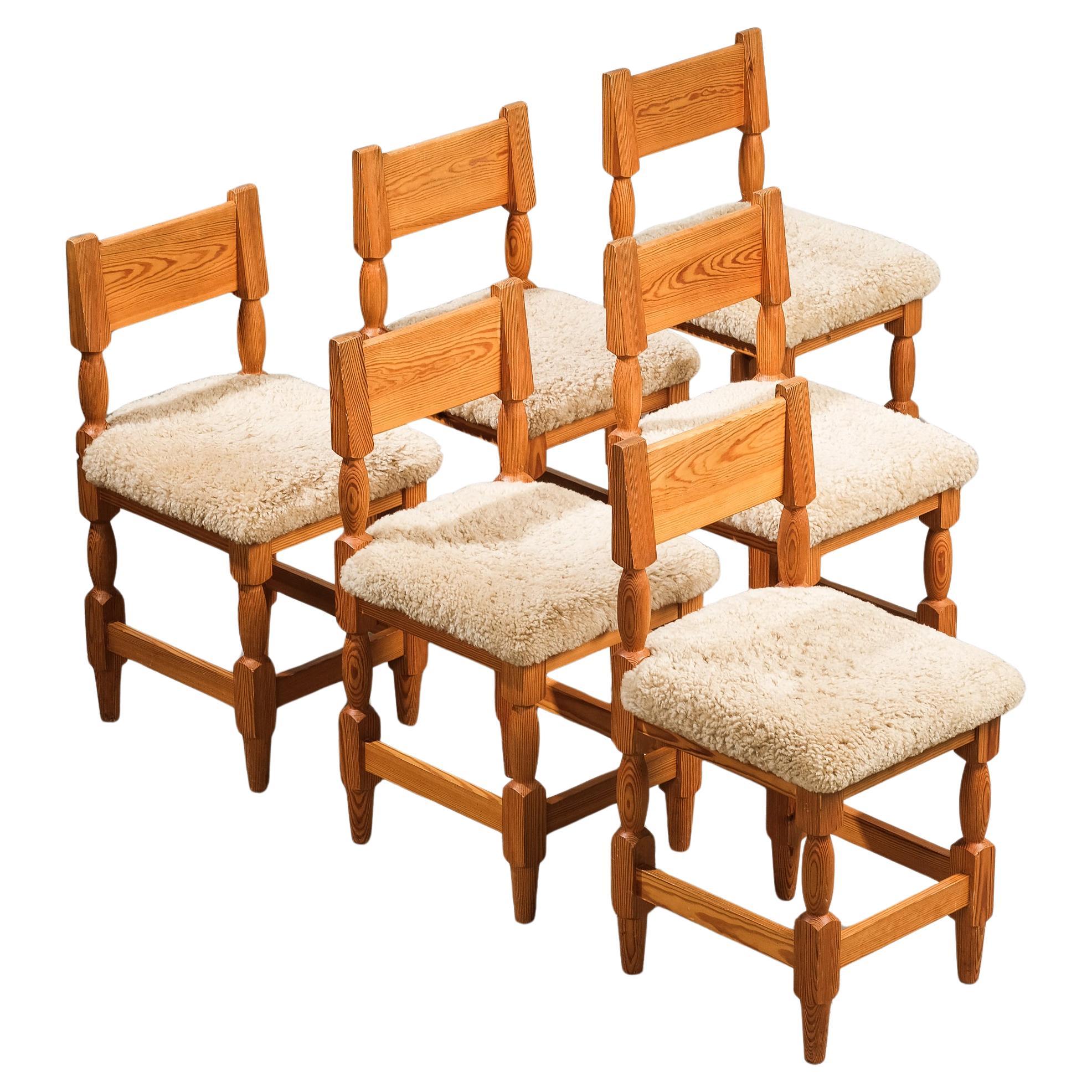 Scandinavian Mid-Century Dining Chairs in Pine and Sheepskin, Set of 6