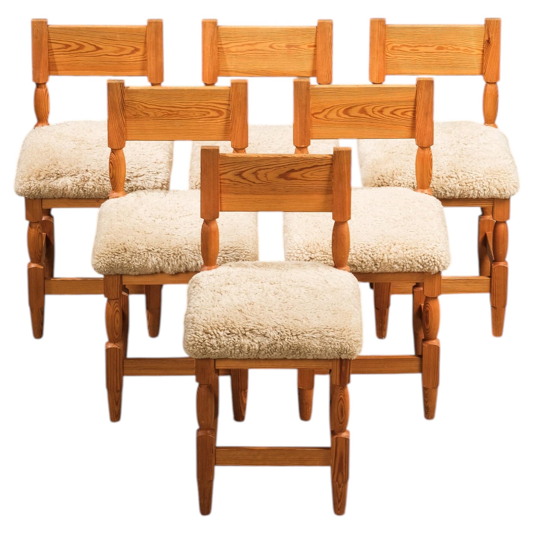 Scandinavian Mid-Century Dining Chairs in Pine and Sheepskin, Set of 6