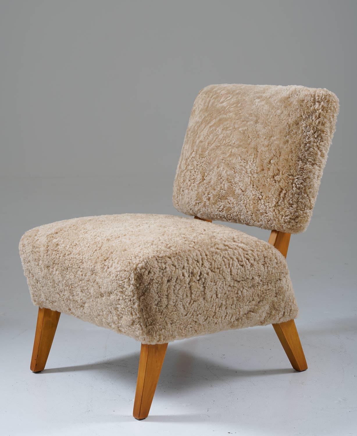 Scandinavian Modern Scandinavian Mid Century Easy Chairs in Sheepskin by Langlos Fabrikker Stranda