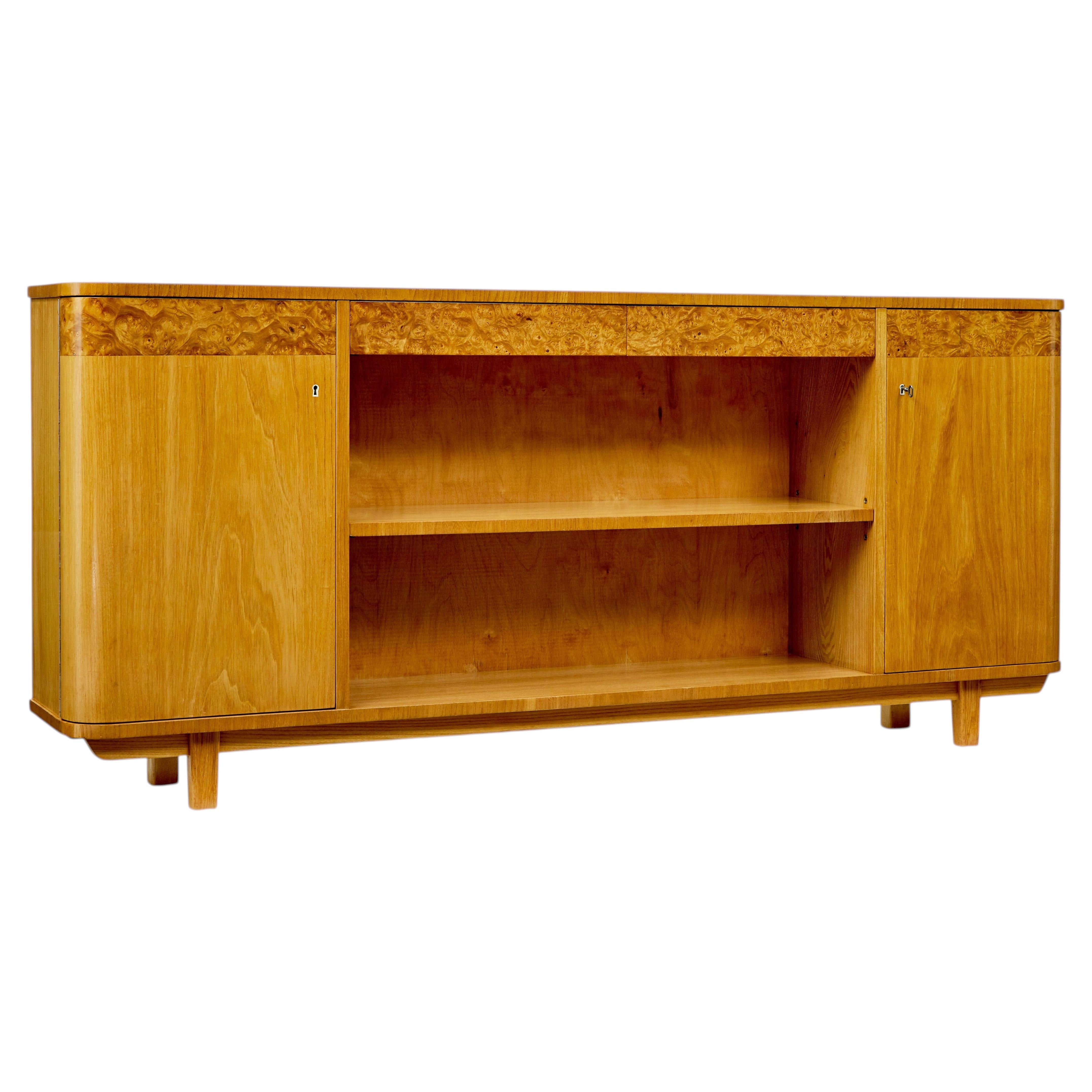 Scandinavian mid century elm and burr low open bookcase For Sale