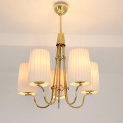 Scandinavian Mid-Century Five Arm Brass Pendant Wth Pleated Shades, Sweden 1950s