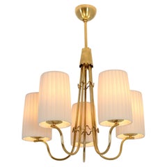 Scandinavian Mid-Century Five Arm Brass Pendant Wth Pleated Shades, Sweden 1950s