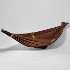 Scandinavian mid century fruit bowl, Viking ship, teak and brass, Sweden, 1950s