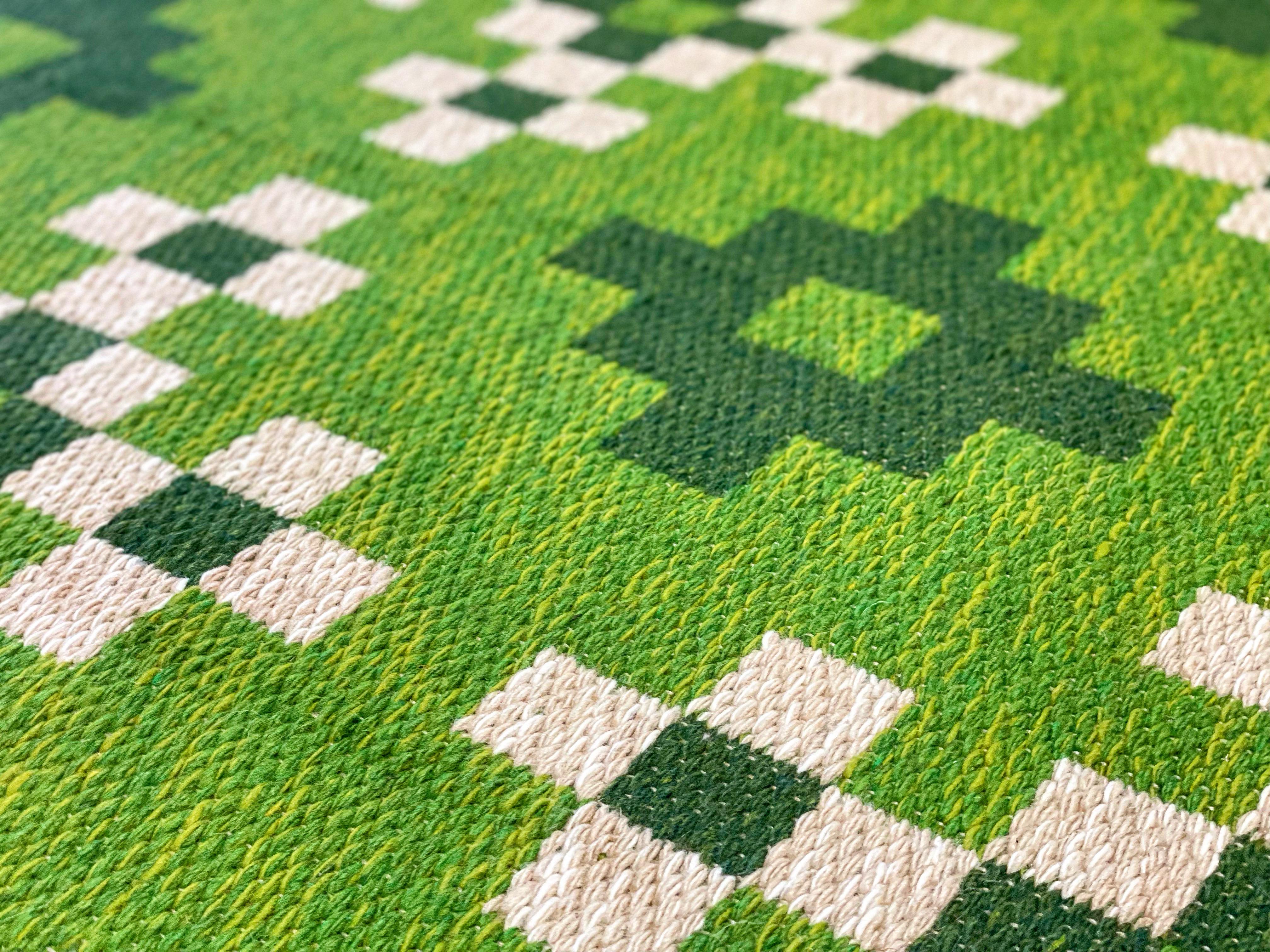 Swedish Scandinavian Mid-Century Green Khaki Wool Rya Rug, Tabergs, New Old Stock For Sale