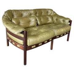 Scandinavian Mid Century Green Leather and Wood Loveseat by Coja