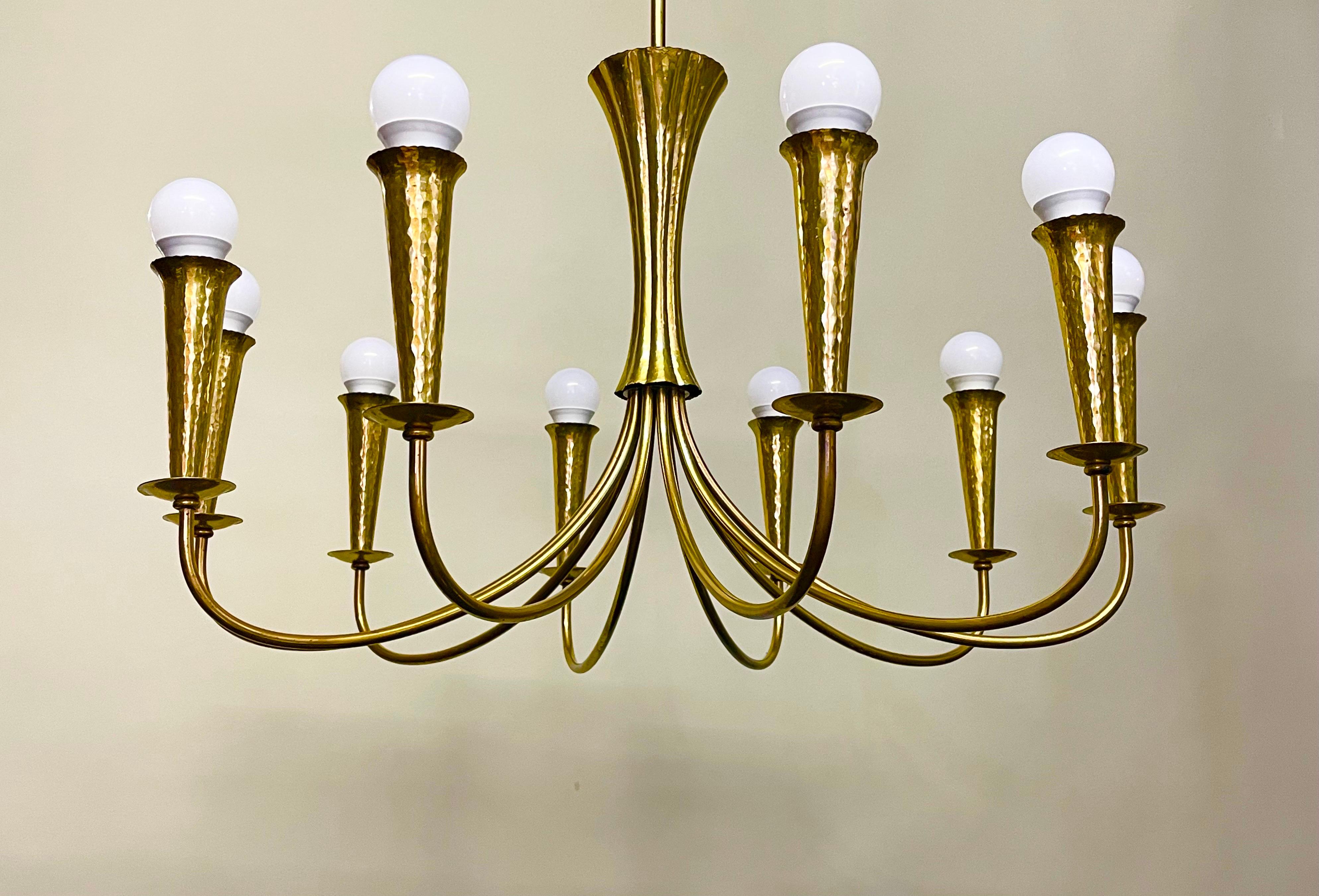 Unknown Scandinavian Mid-Century Hammered Brass Chandelier, circa 1950s For Sale