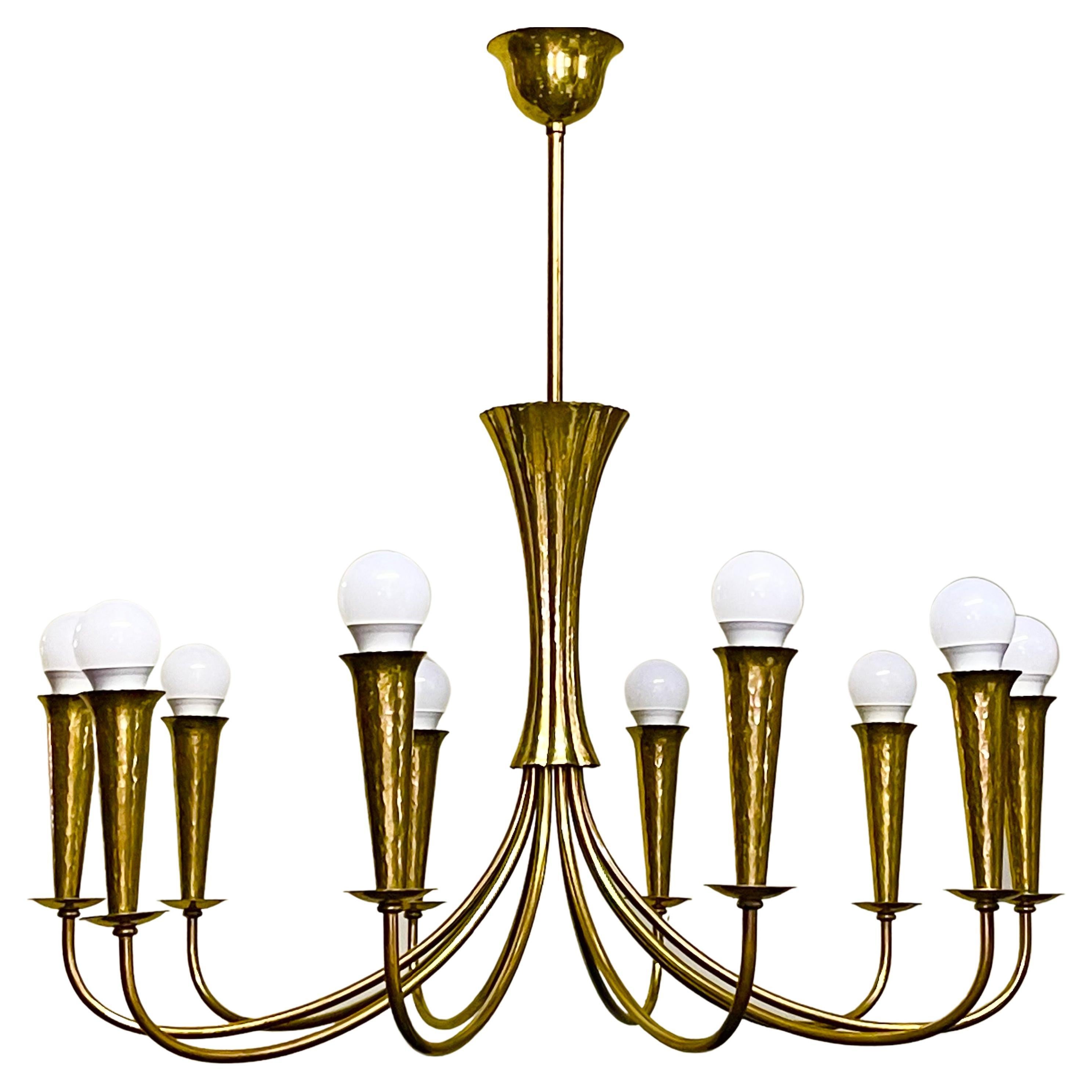 Scandinavian Mid-Century Hammered Brass Chandelier, circa 1950s