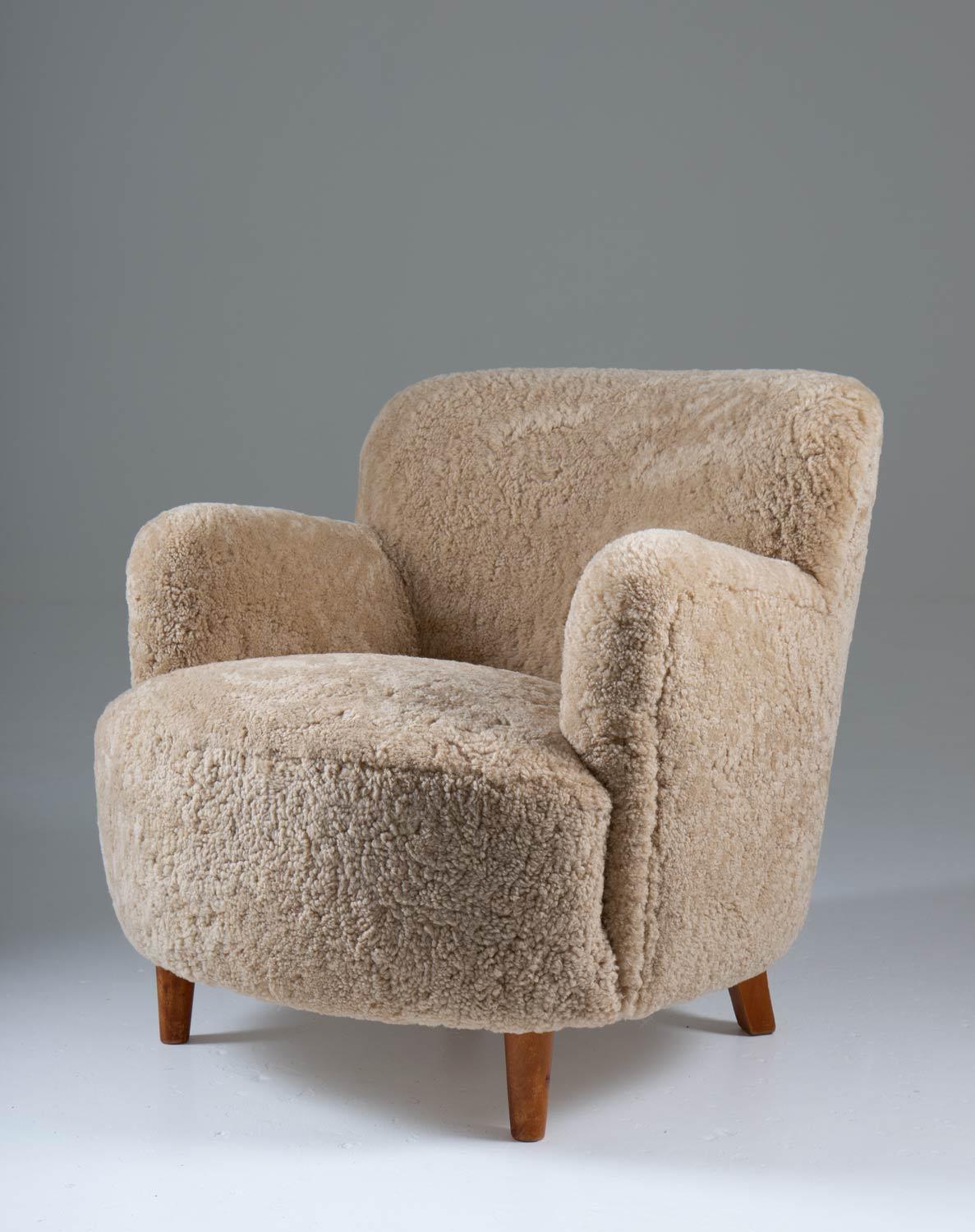 Scandinavian Modern Scandinavian Mid Century Lounge Chairs in Sheepskin For Sale