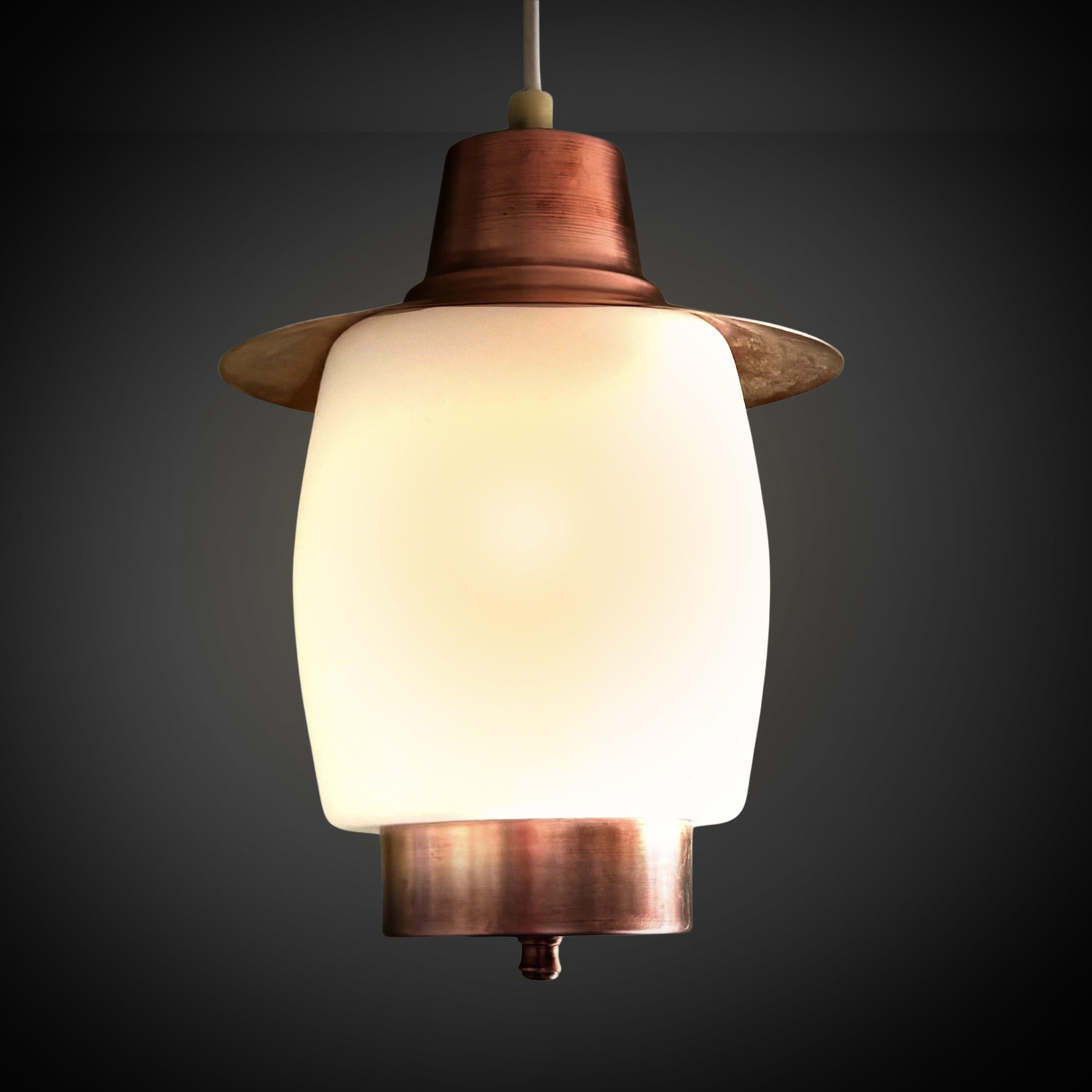 Scandinavian Modern Scandinavian mid century minimalist pendant lamp, copper & glass, Sweden, 1950s For Sale