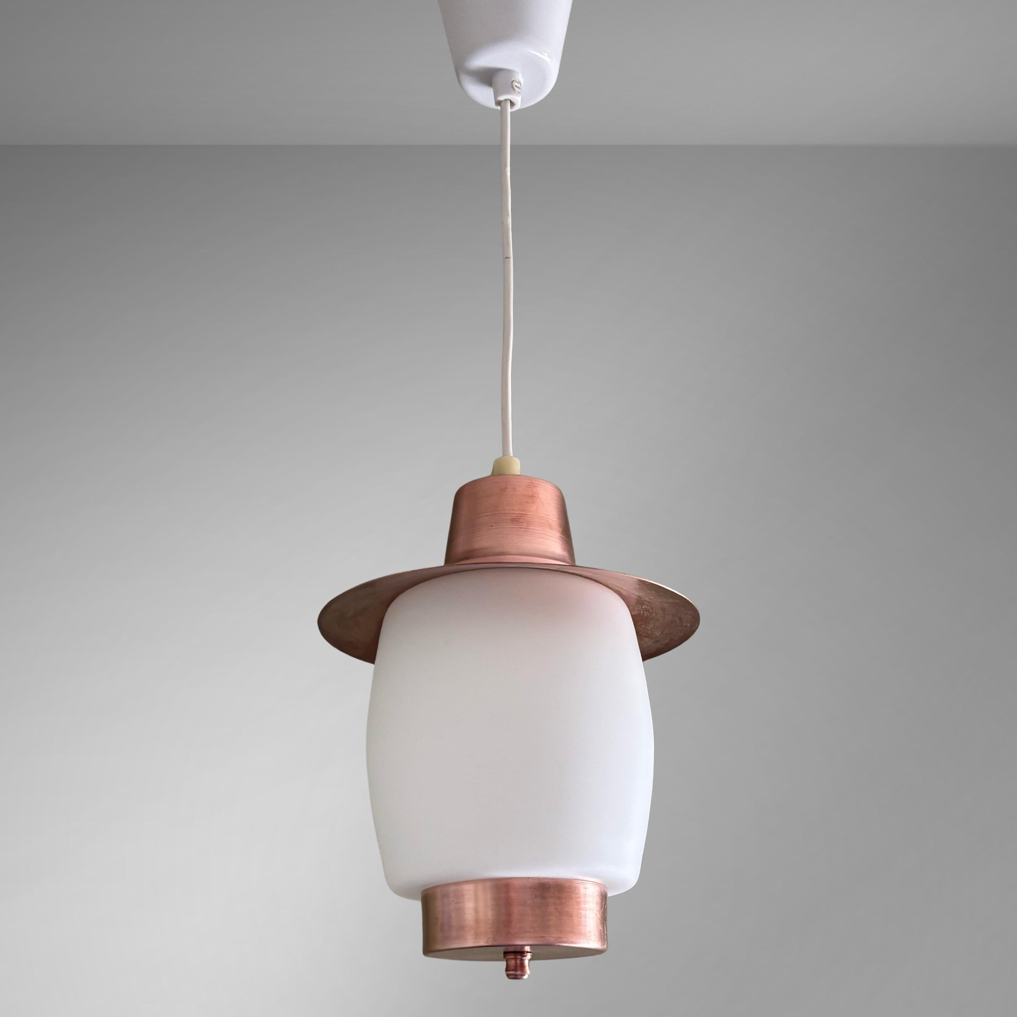 Swedish Scandinavian mid century minimalist pendant lamp, copper & glass, Sweden, 1950s For Sale