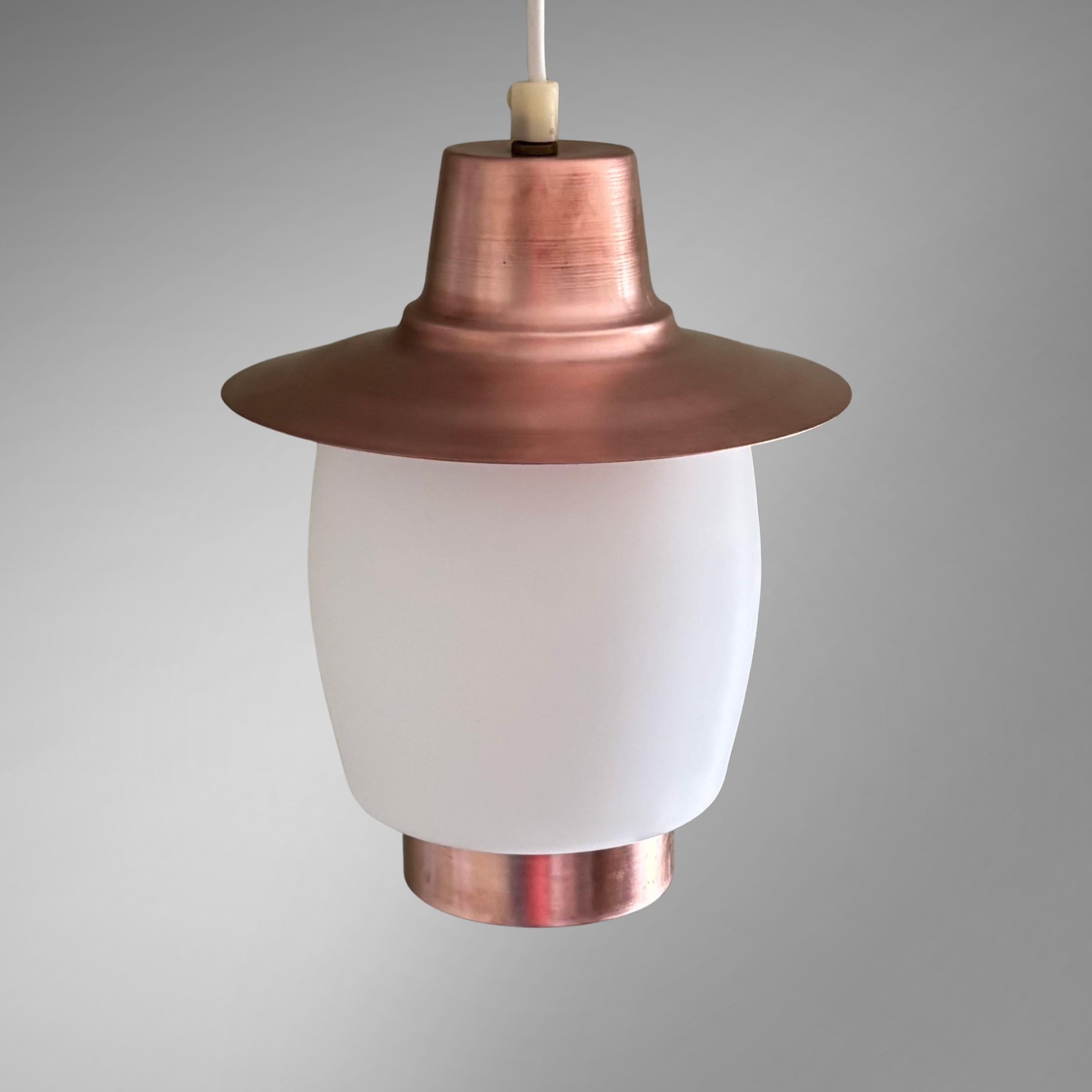Mid-20th Century Scandinavian mid century minimalist pendant lamp, copper & glass, Sweden, 1950s For Sale