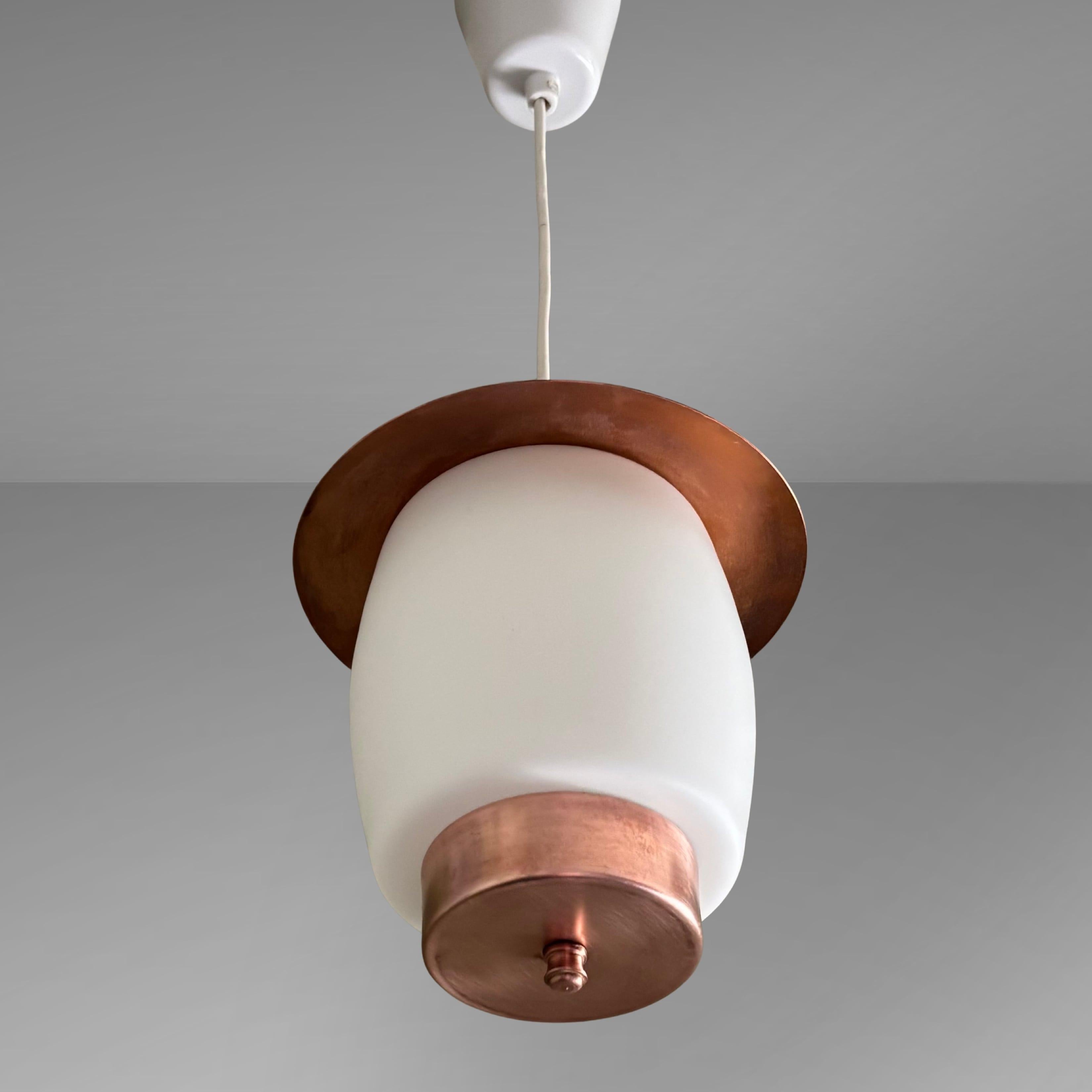 Copper Scandinavian mid century minimalist pendant lamp, copper & glass, Sweden, 1950s For Sale