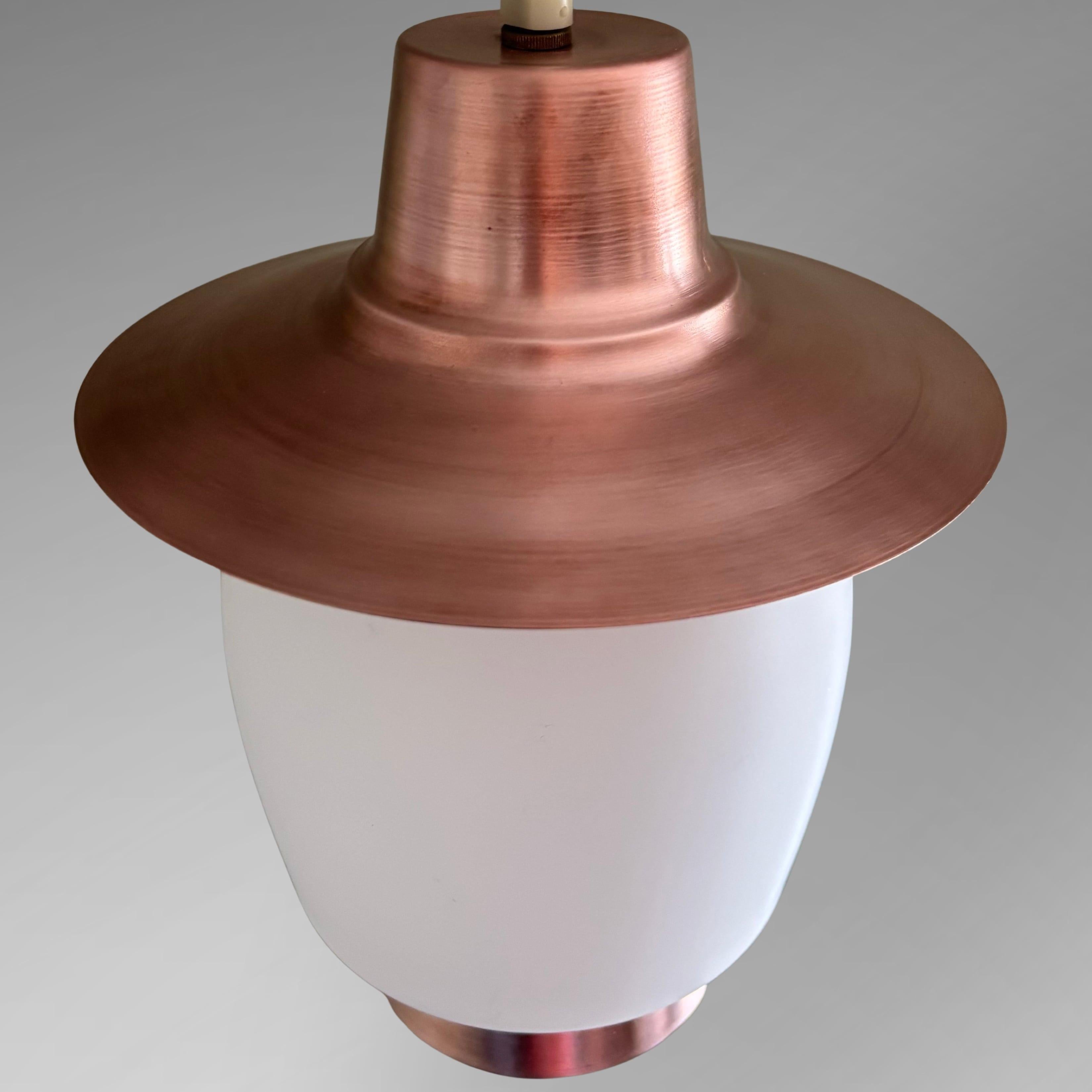 Scandinavian mid century minimalist pendant lamp, copper & glass, Sweden, 1950s For Sale 1