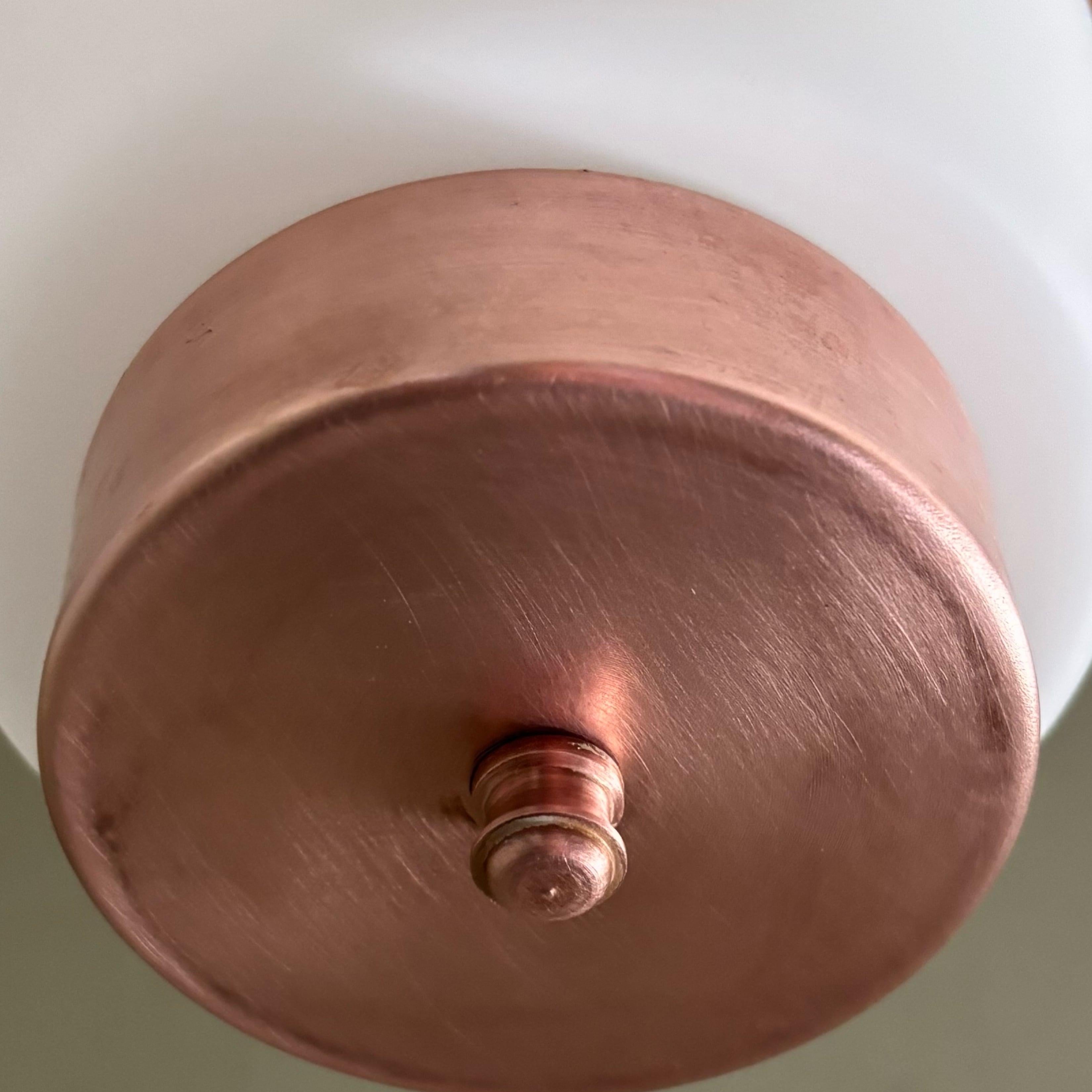 Scandinavian mid century minimalist pendant lamp, copper & glass, Sweden, 1950s For Sale 2