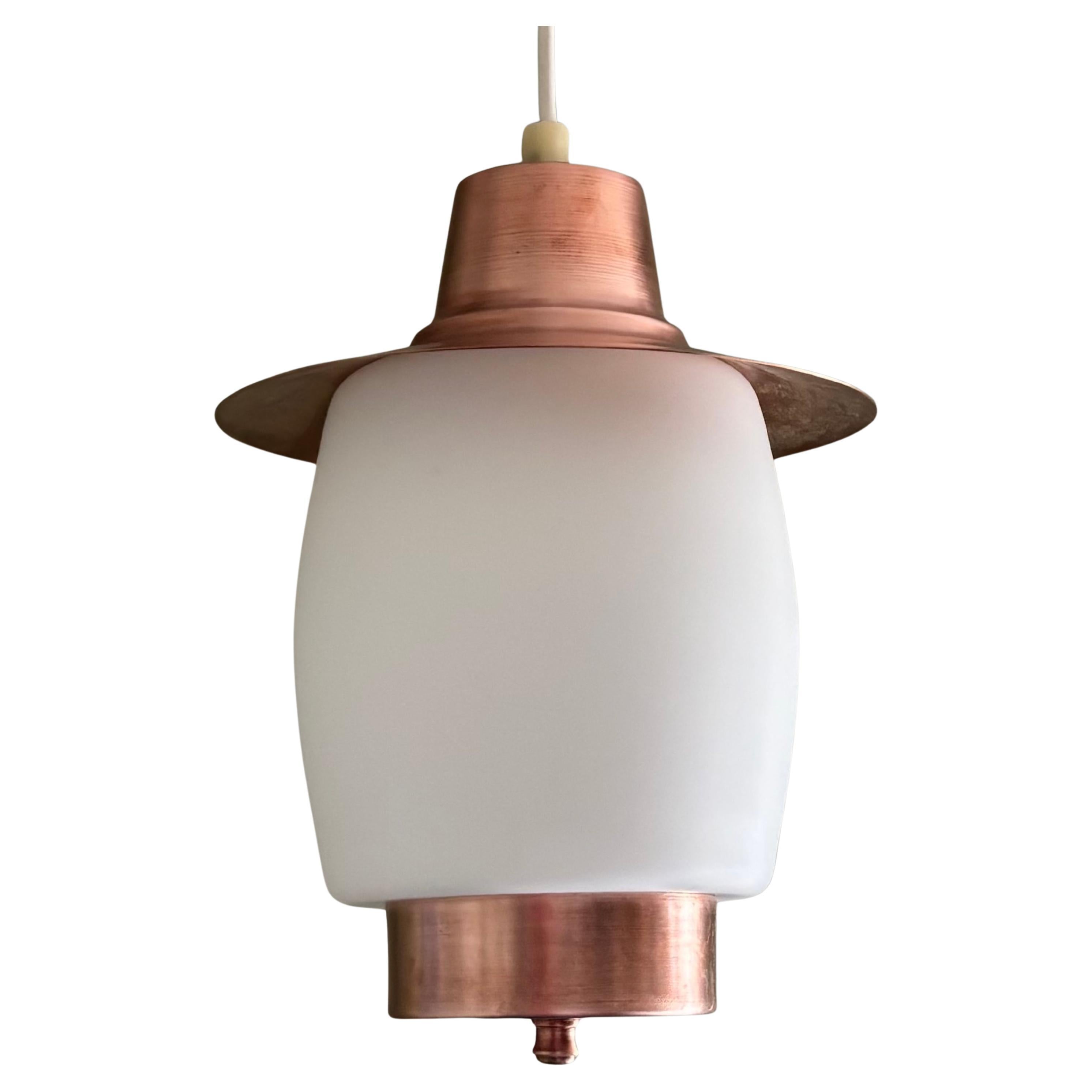 Scandinavian mid century minimalist pendant lamp, copper & glass, Sweden, 1950s For Sale
