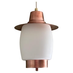 Scandinavian mid century minimalist pendant lamp, copper & glass, Sweden, 1950s