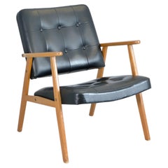Scandinavian Mid-Century Modern Armchair in Oak and Black Faux Leather, 1960s