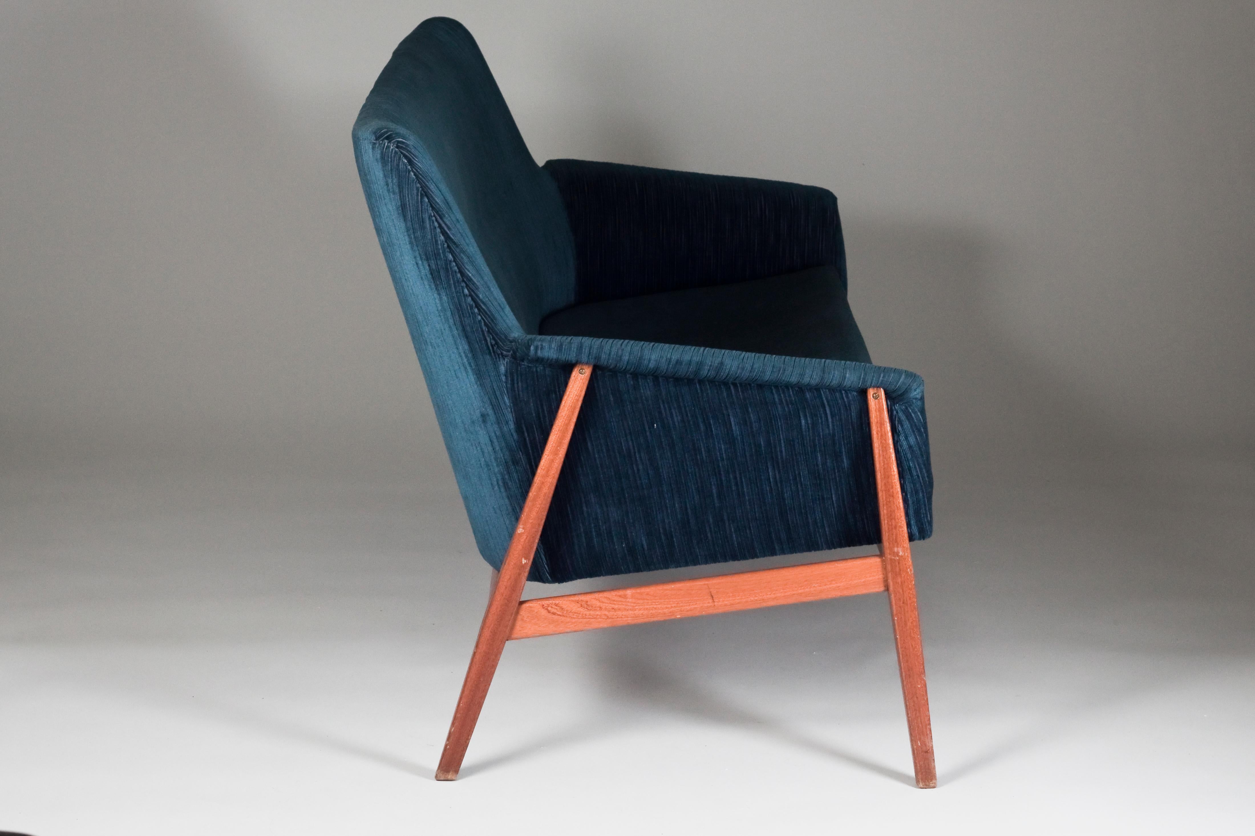 Scandinavian Modern Scandinavian Mid-Century Modern Blue Two Seater Sofa with Teak Legs For Sale