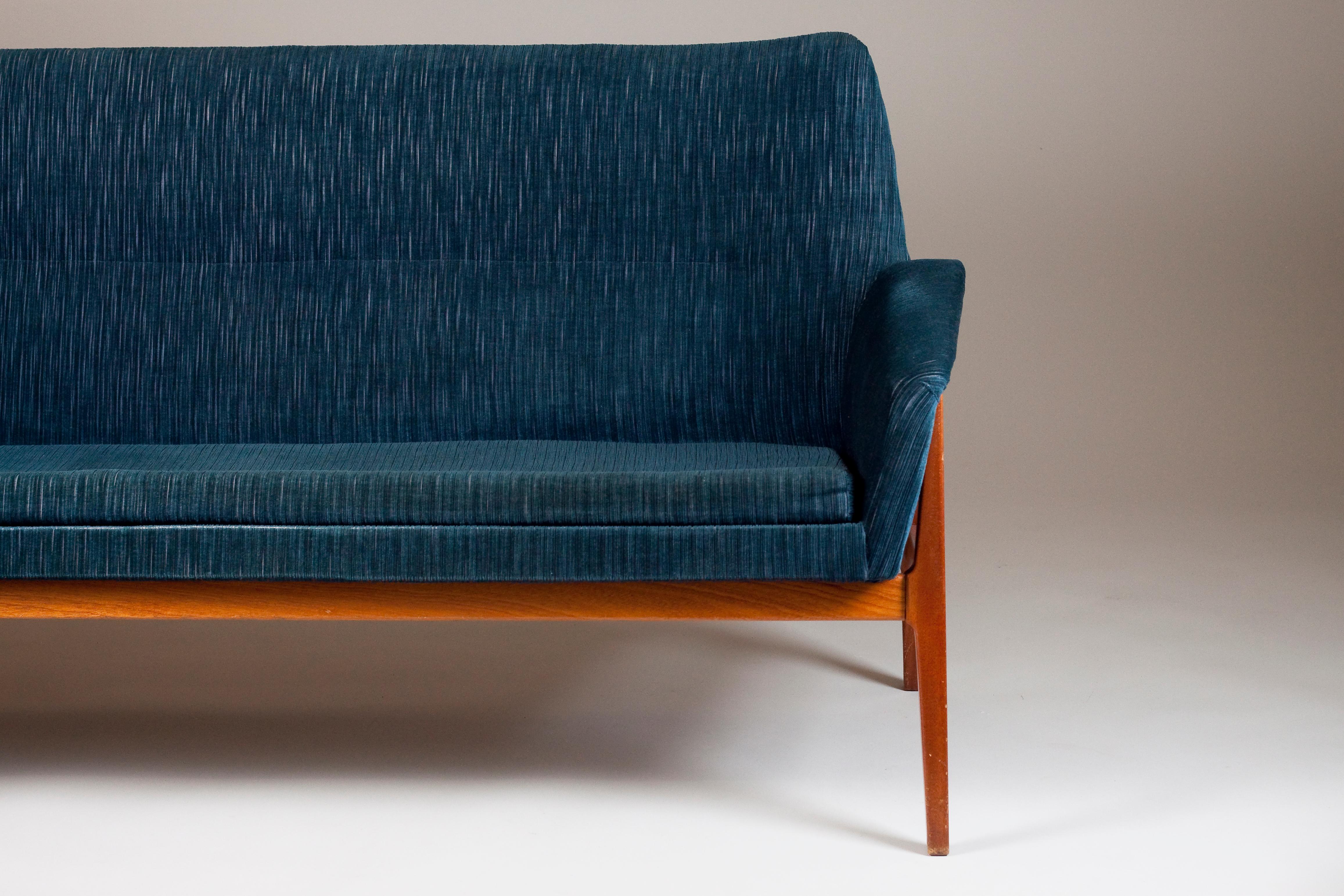 Upholstery Scandinavian Mid-Century Modern Blue Two Seater Sofa with Teak Legs For Sale