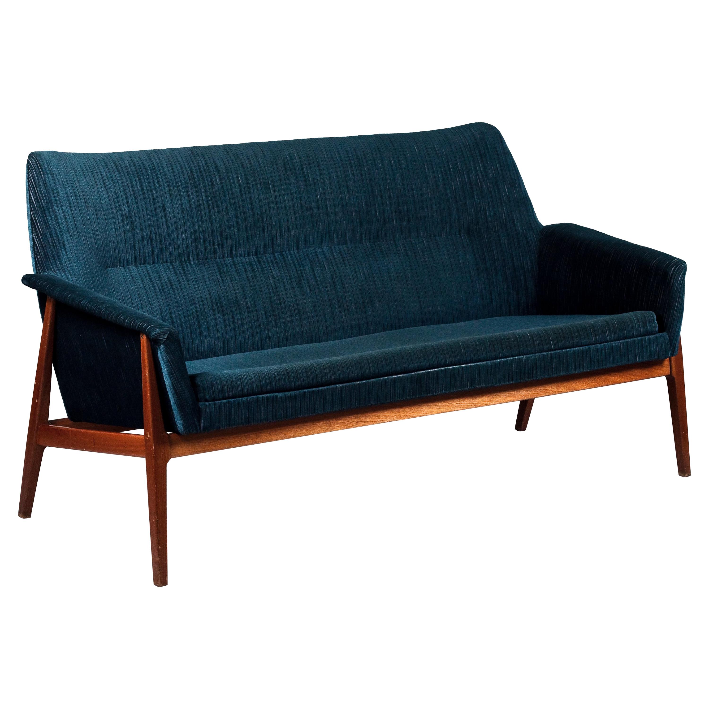 Scandinavian Mid-Century Modern Blue Two Seater Sofa with Teak Legs For Sale