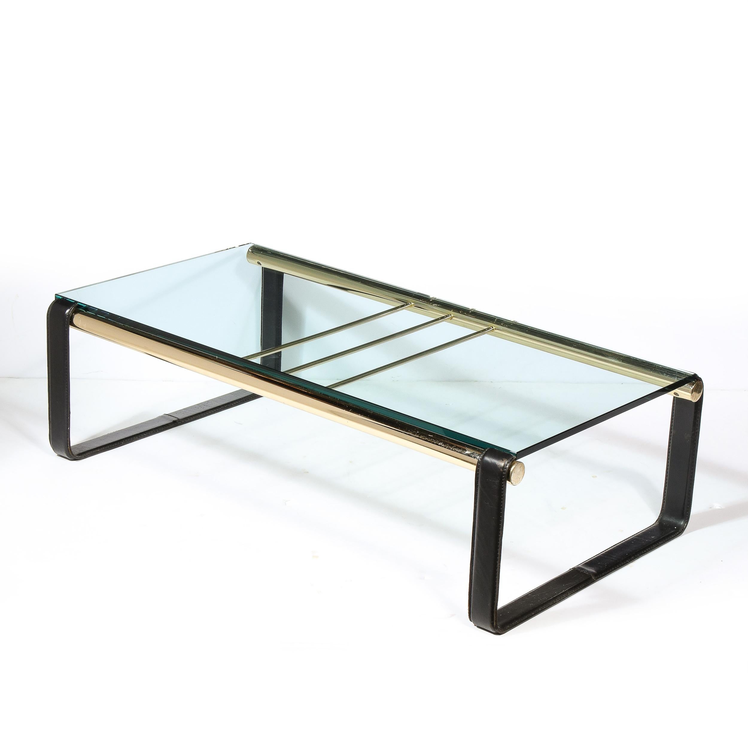 Scandinavian Mid-Century Modern Brass, Black Leather & Glass Cocktail Table For Sale 5