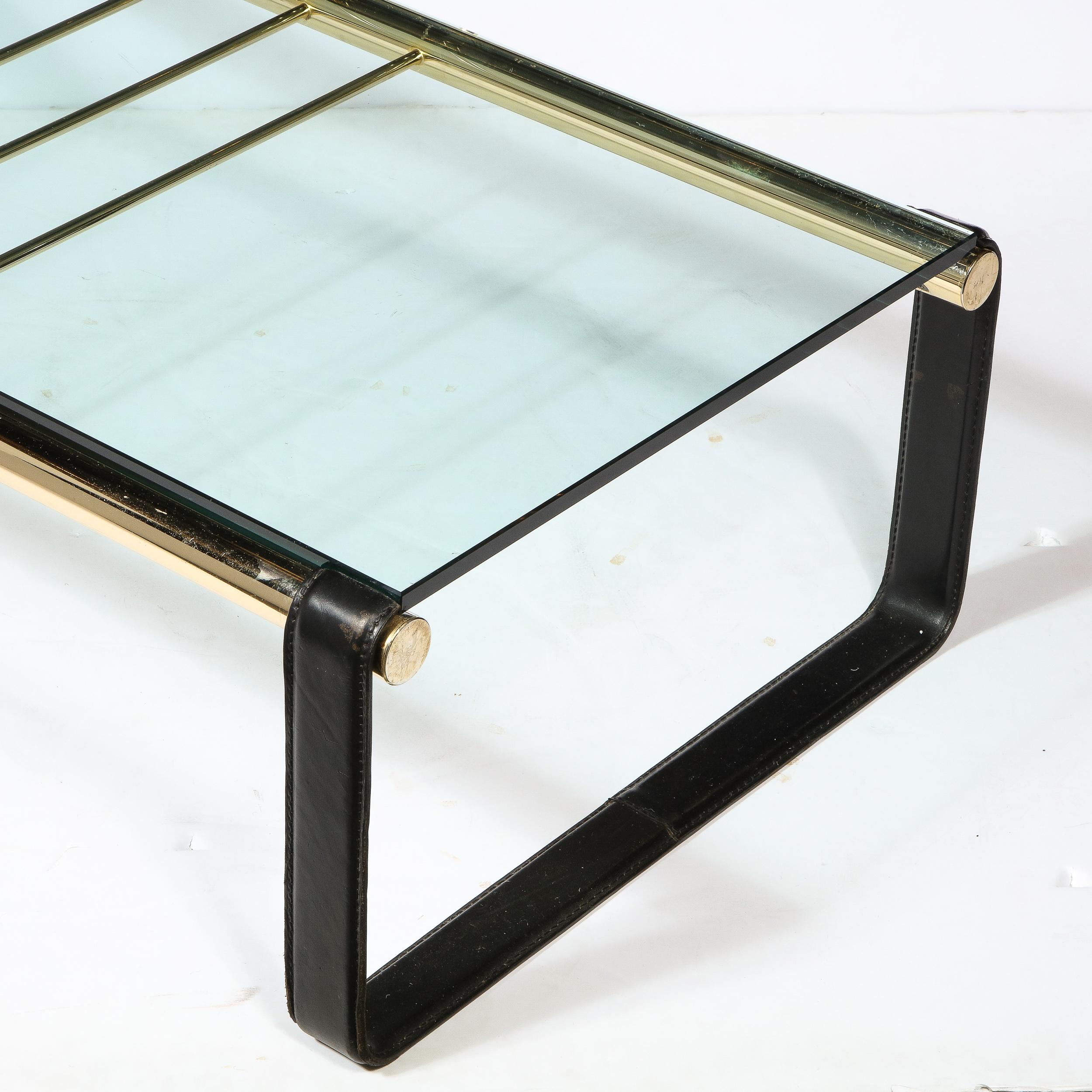 Scandinavian Mid-Century Modern Brass, Black Leather & Glass Cocktail Table For Sale 6