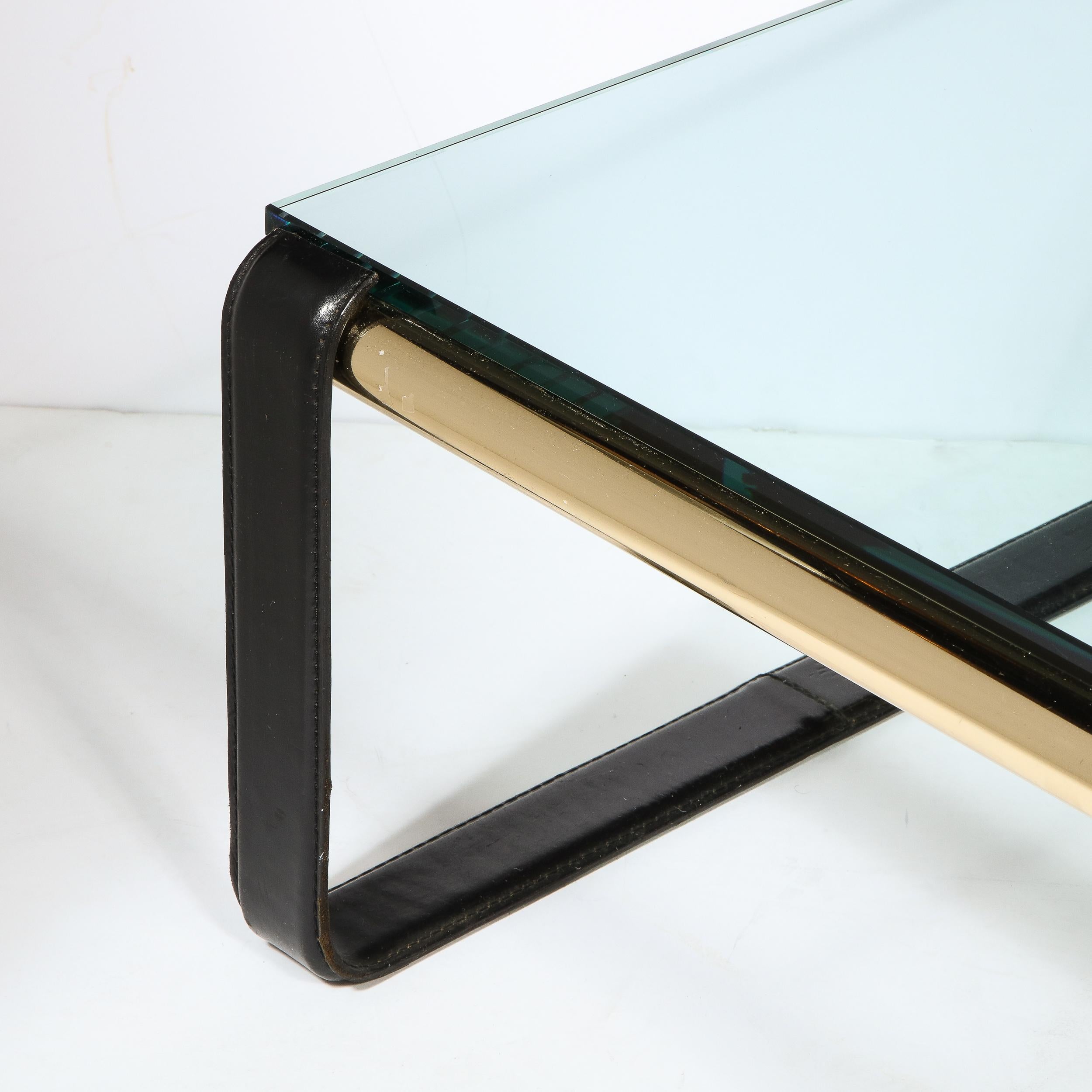 Scandinavian Mid-Century Modern Brass, Black Leather & Glass Cocktail Table For Sale 7