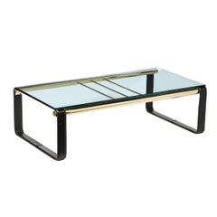 Scandinavian Mid-Century Modern Brass, Black Leather & Glass Cocktail Table