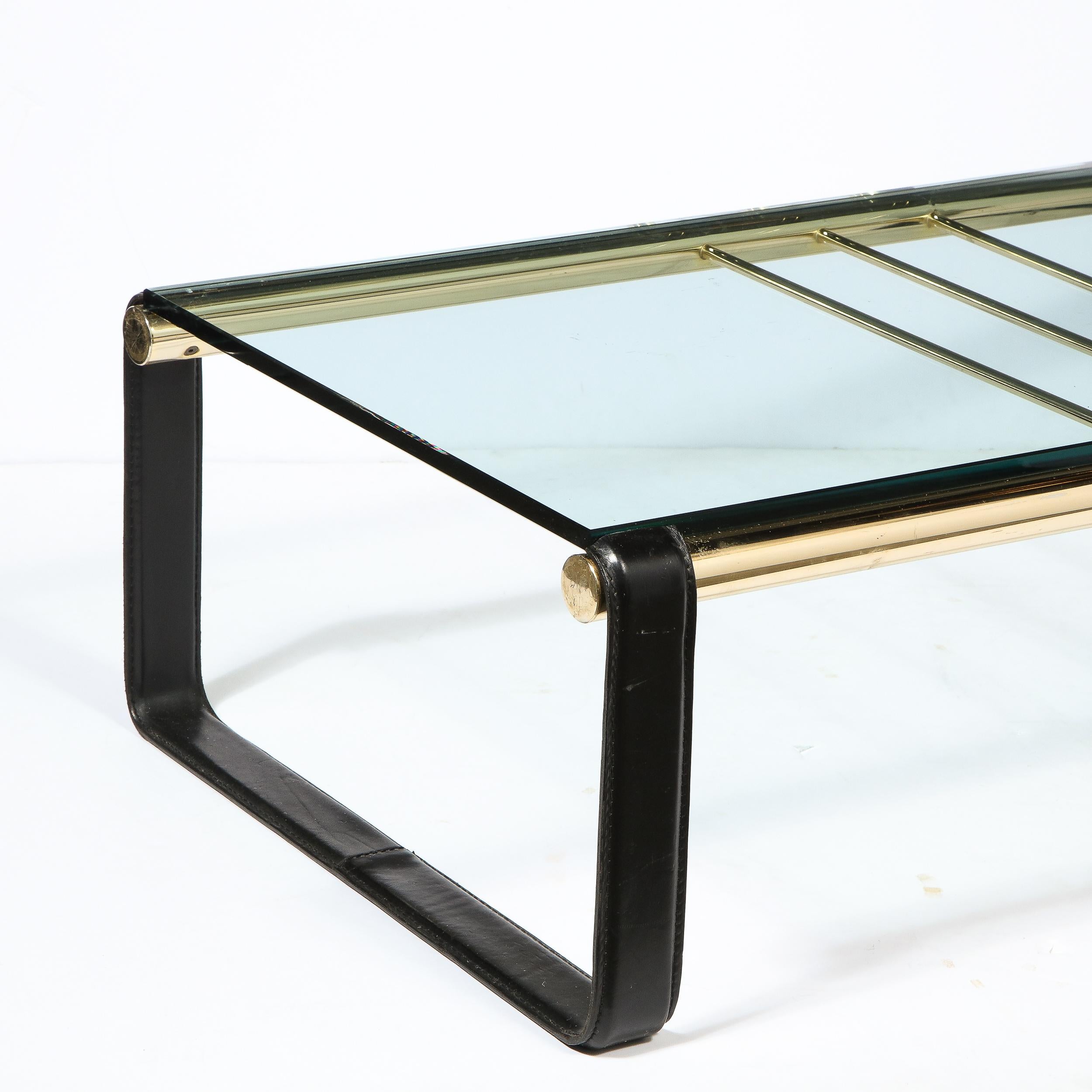 Scandinavian Mid-Century Modern Brass, Black Leather & Glass Cocktail Table In Excellent Condition For Sale In New York, NY