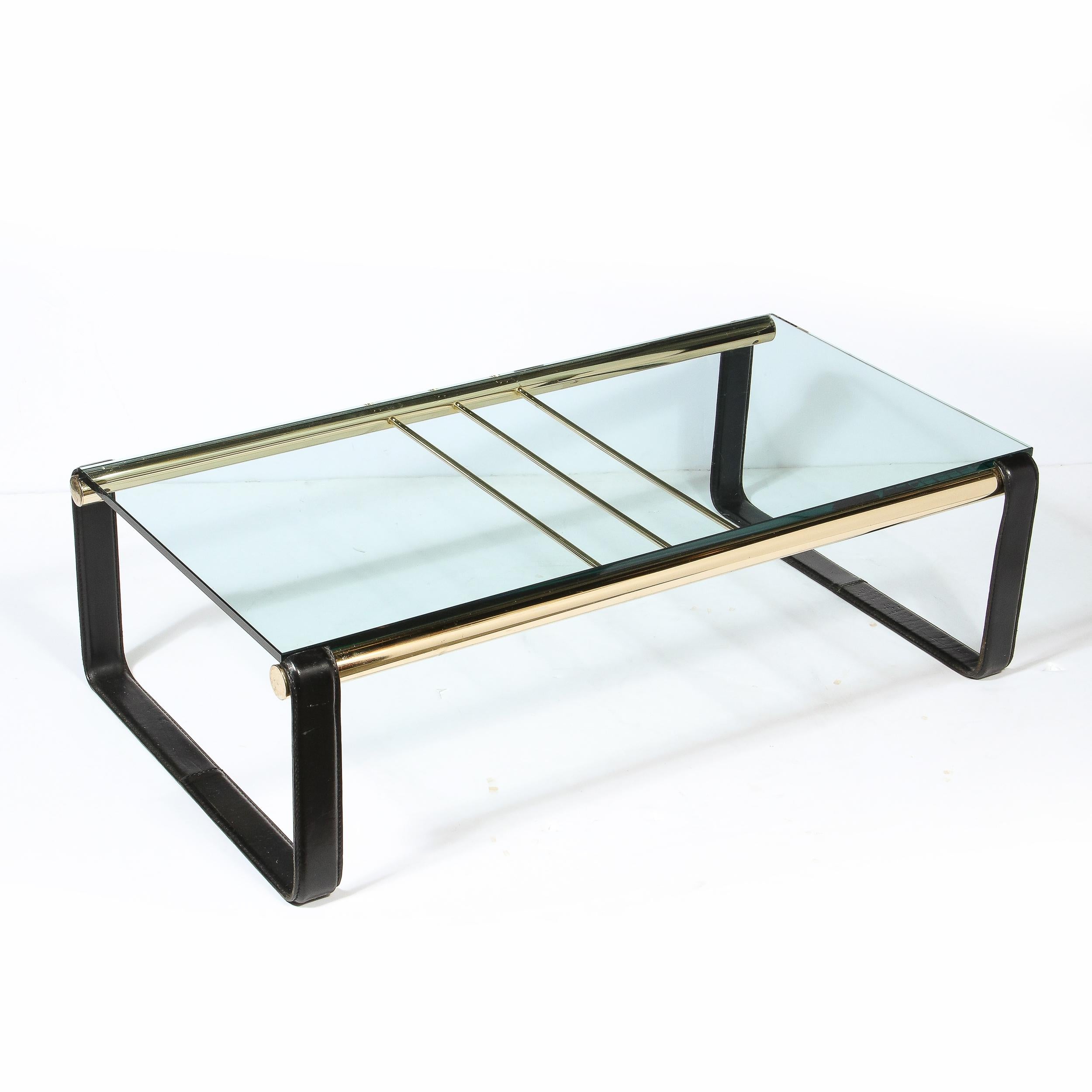 20th Century Scandinavian Mid-Century Modern Brass, Black Leather & Glass Cocktail Table For Sale