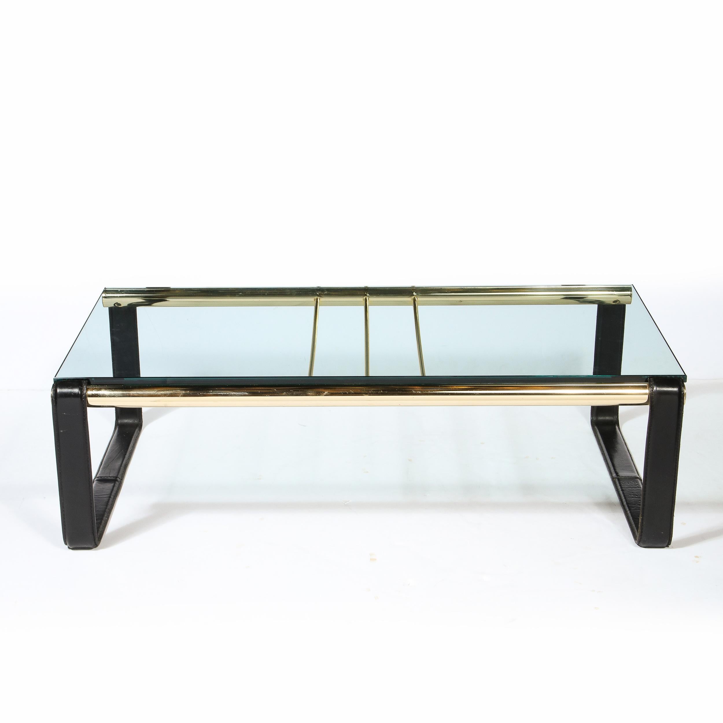 Scandinavian Mid-Century Modern Brass, Black Leather & Glass Cocktail Table For Sale 1