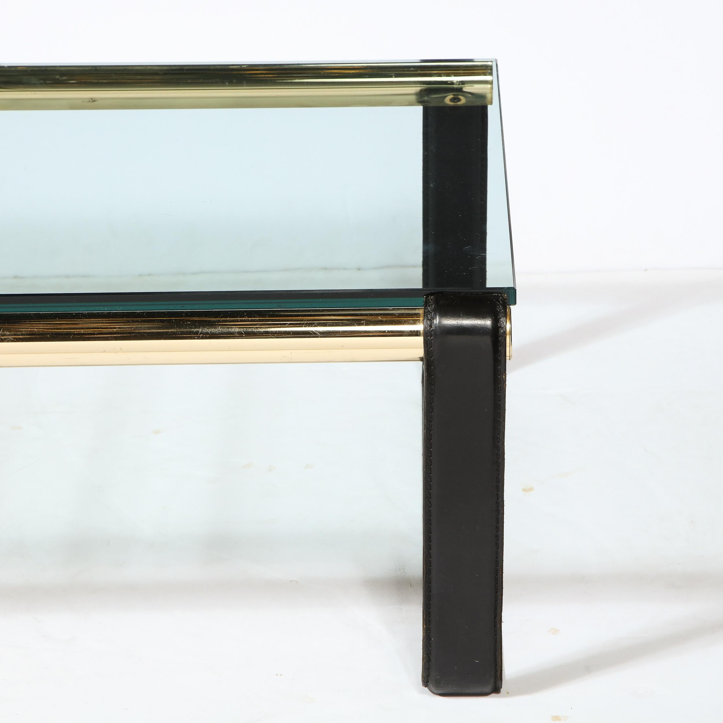 Scandinavian Mid-Century Modern Brass, Black Leather & Glass Cocktail Table For Sale 2