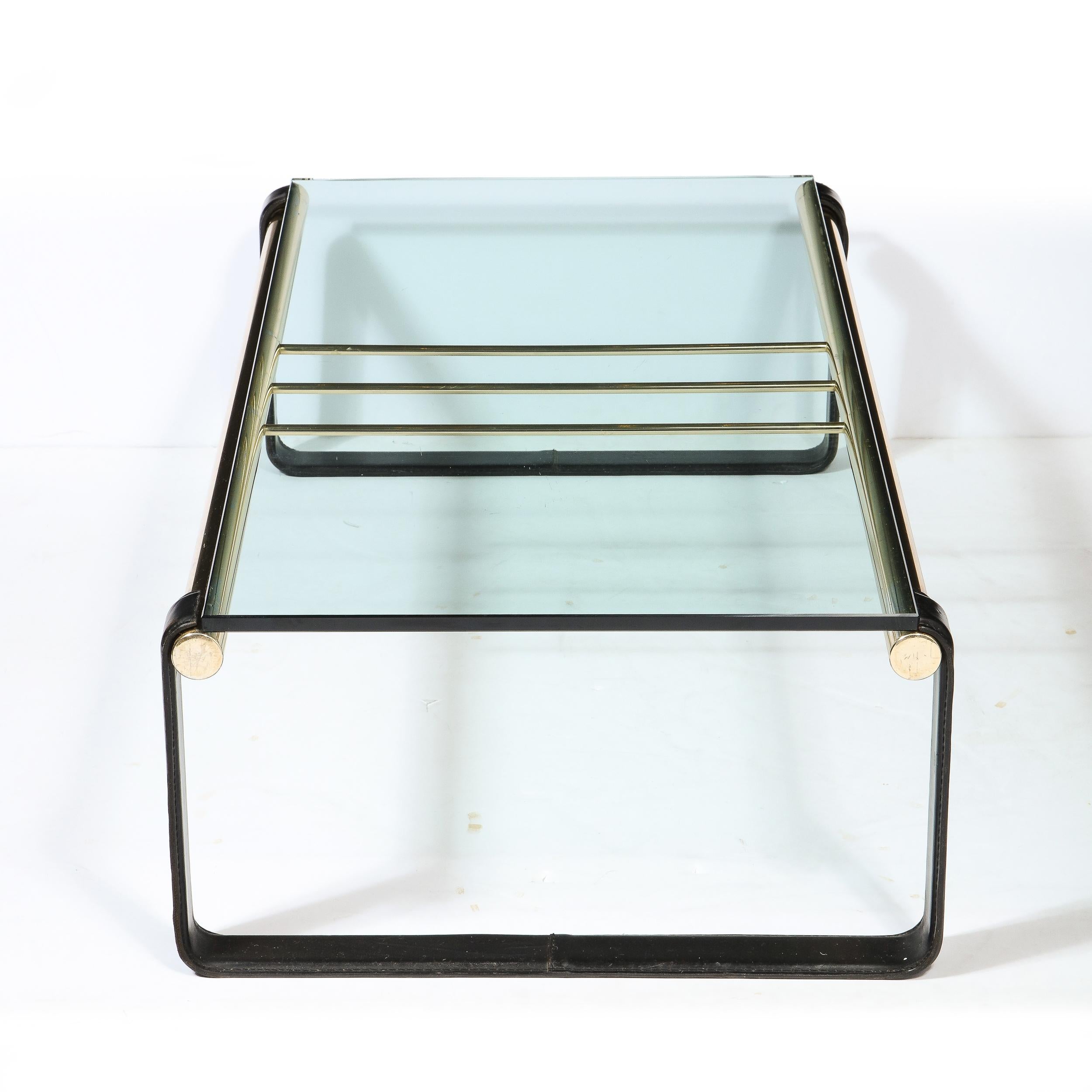Scandinavian Mid-Century Modern Brass, Black Leather & Glass Cocktail Table For Sale 3