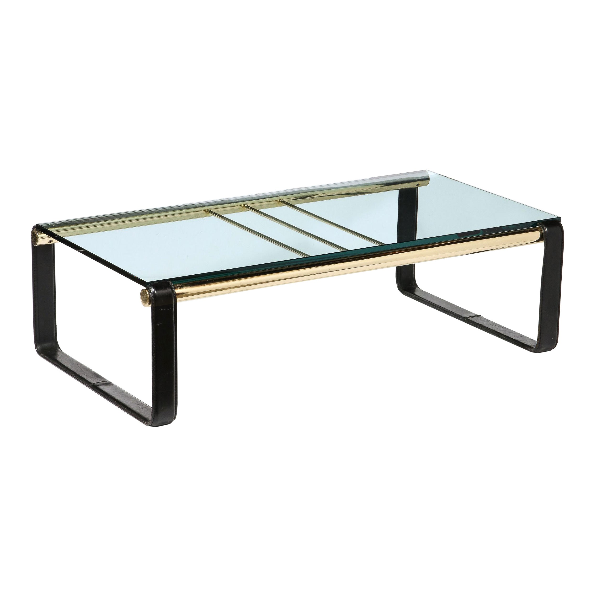 Mesa Cocktail Escandinava Moderna de Mitad de Siglo de latón, cuero negro y cristal
