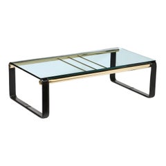 Table à cocktail scandinave moderne du milieu du siècle dernier en laiton, cuir noir et verre