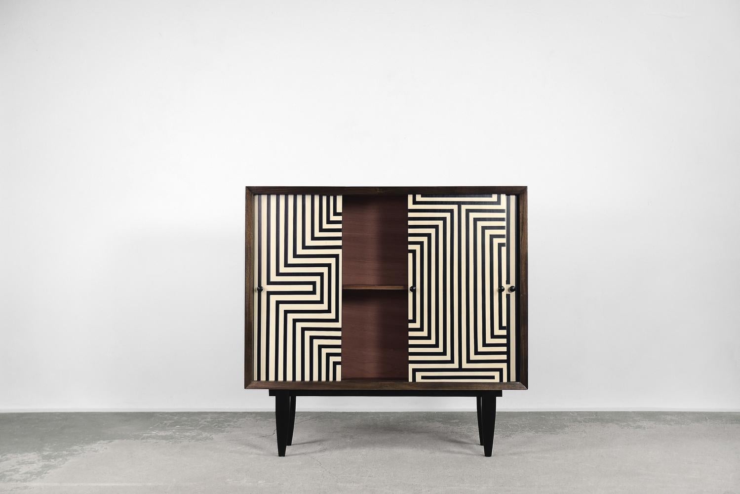 Mid-20th Century Vintage Scandinavian Mid-Century Modern Wood Cabinet with Hand-Painted Pattern