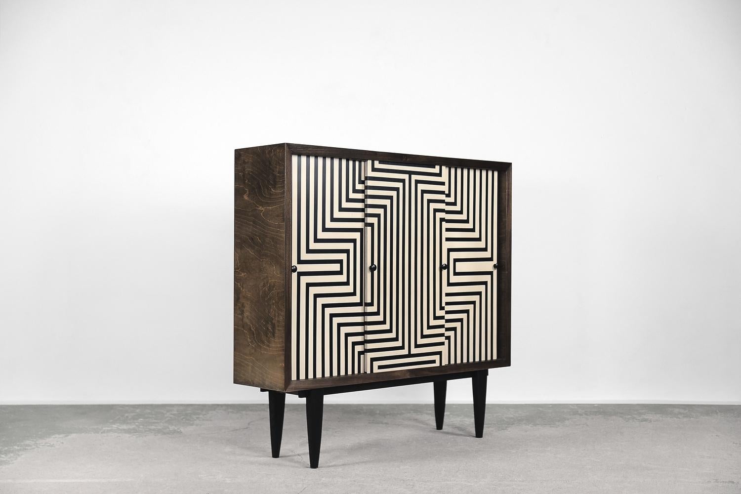 Metal Vintage Scandinavian Mid-Century Modern Wood Cabinet with Hand-Painted Pattern