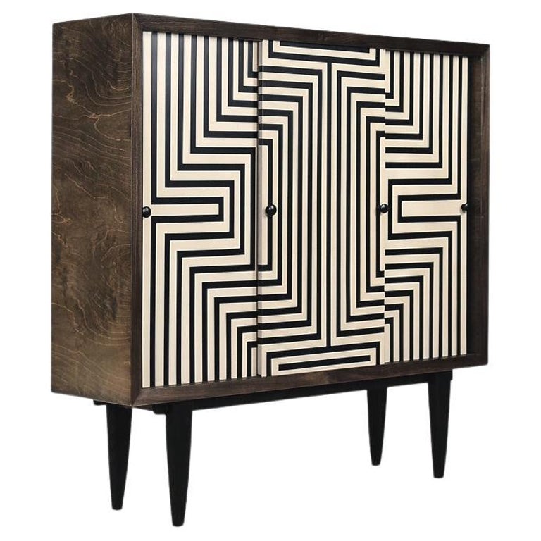 Vintage Scandinavian Mid-Century Modern Wood Cabinet with Hand-Painted Pattern For Sale